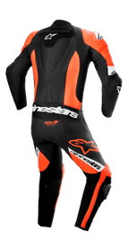 Combinaison en cuir 1 pièce Alpinestars Missile V2 Ward, vue arrière, Noir et Rouge Fluo avec des accents blancs, dotée d'une bosse aérodynamique profilée, de panneaux d'aisance en accordéon sur le bas du dos et les genoux, du logo « Tech-Air Ready » et du marquage Alpinestars distinctif pour la course sur piste professionnelle.