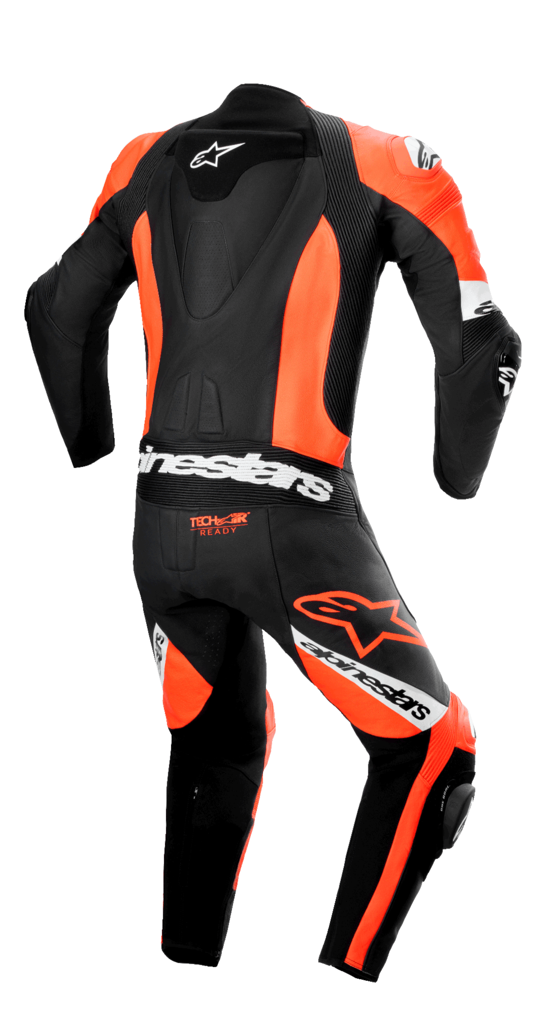 Combinaison en cuir 1 pièce Alpinestars Missile V2 Ward, vue arrière, Noir et Rouge Fluo avec des accents blancs, dotée d'une bosse aérodynamique profilée, de panneaux d'aisance en accordéon sur le bas du dos et les genoux, du logo « Tech-Air Ready » et du marquage Alpinestars distinctif pour la course sur piste professionnelle.