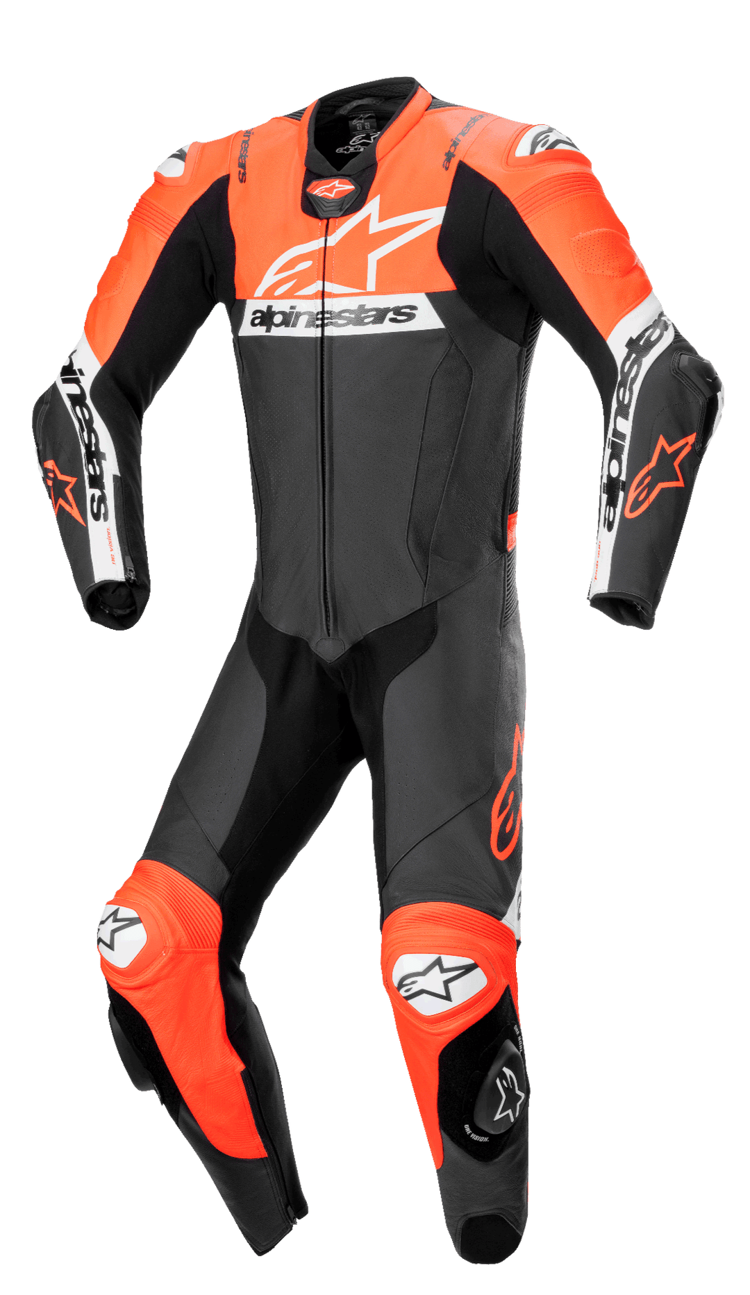 Combinaison en cuir 1 pièce Alpinestars Missile V2 Ward, combinaison de course moto professionnelle en noir, rouge fluo et blanc, avec un grand logo blanc sur la poitrine, des panneaux en cuir perforé, des zones d'étirement en accordéon sur les genoux et des sliders de protection intégrés pour la performance sur piste.