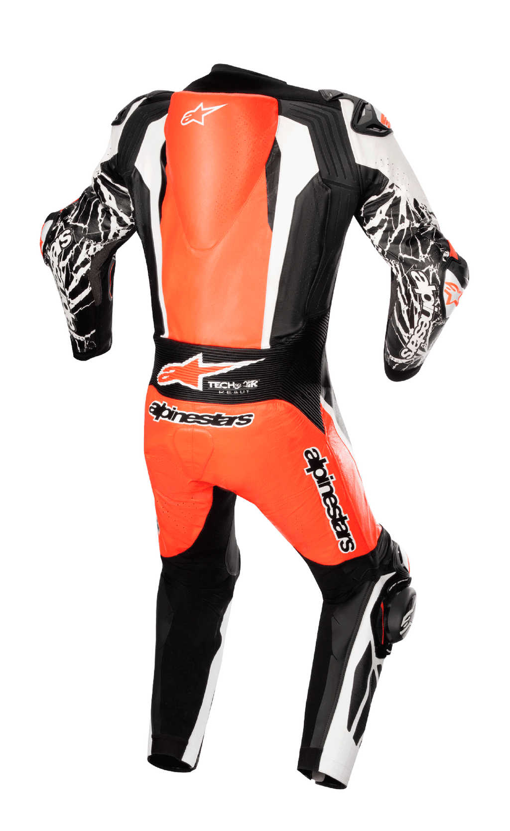 Combinaison en cuir une pièce Alpinestars Racing Absolute V2, vue de dos, rouge fluo, blanc et noir, avec bosse aérodynamique, marquage Tech-Air Ready et graphismes effet marbre sur les manches, équipement professionnel de course moto