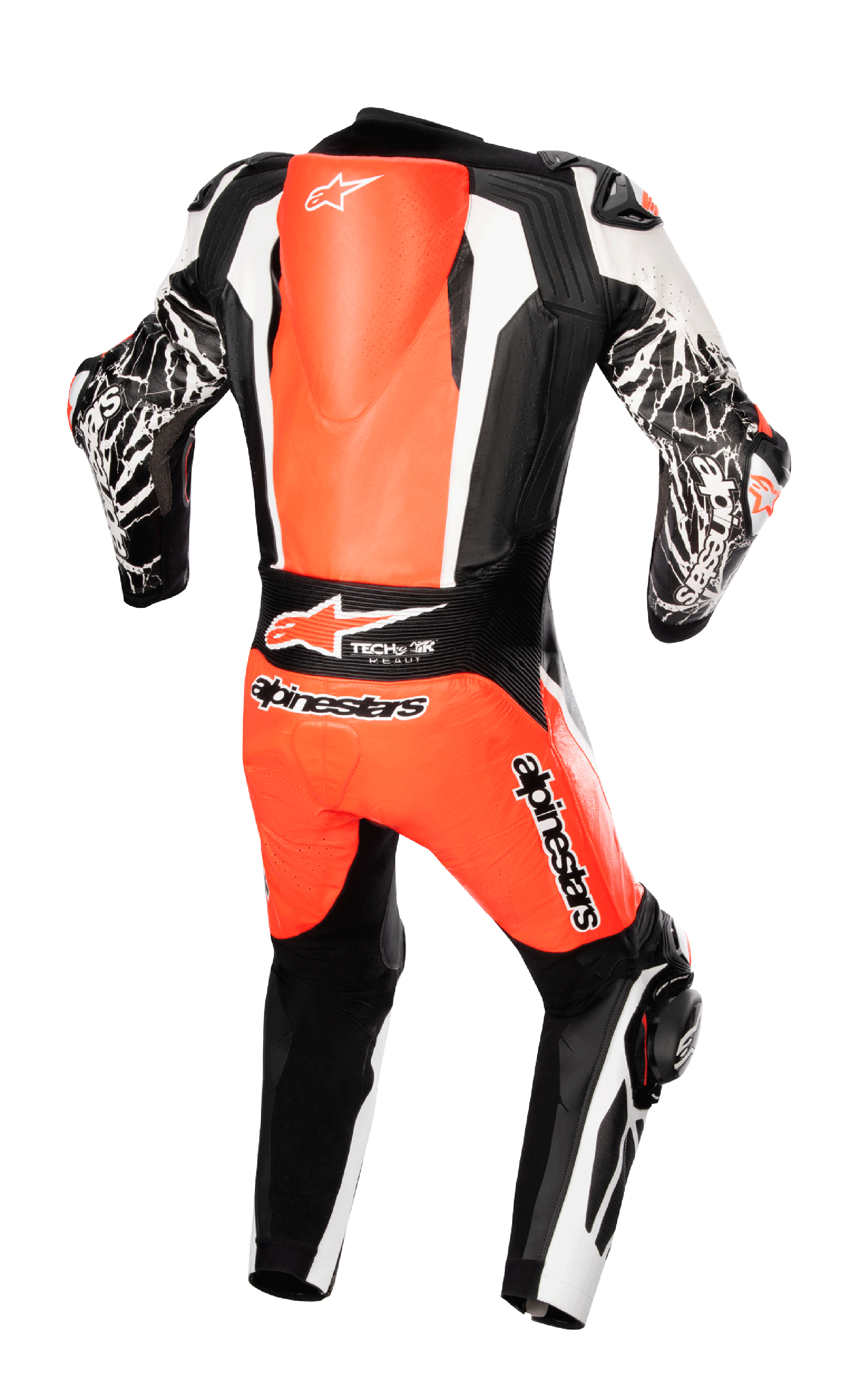 Combinaison en cuir une pièce Alpinestars Racing Absolute V2, vue de dos, rouge fluo, blanc et noir, avec bosse aérodynamique, marquage Tech-Air Ready et graphismes effet marbre sur les manches, équipement professionnel de course moto