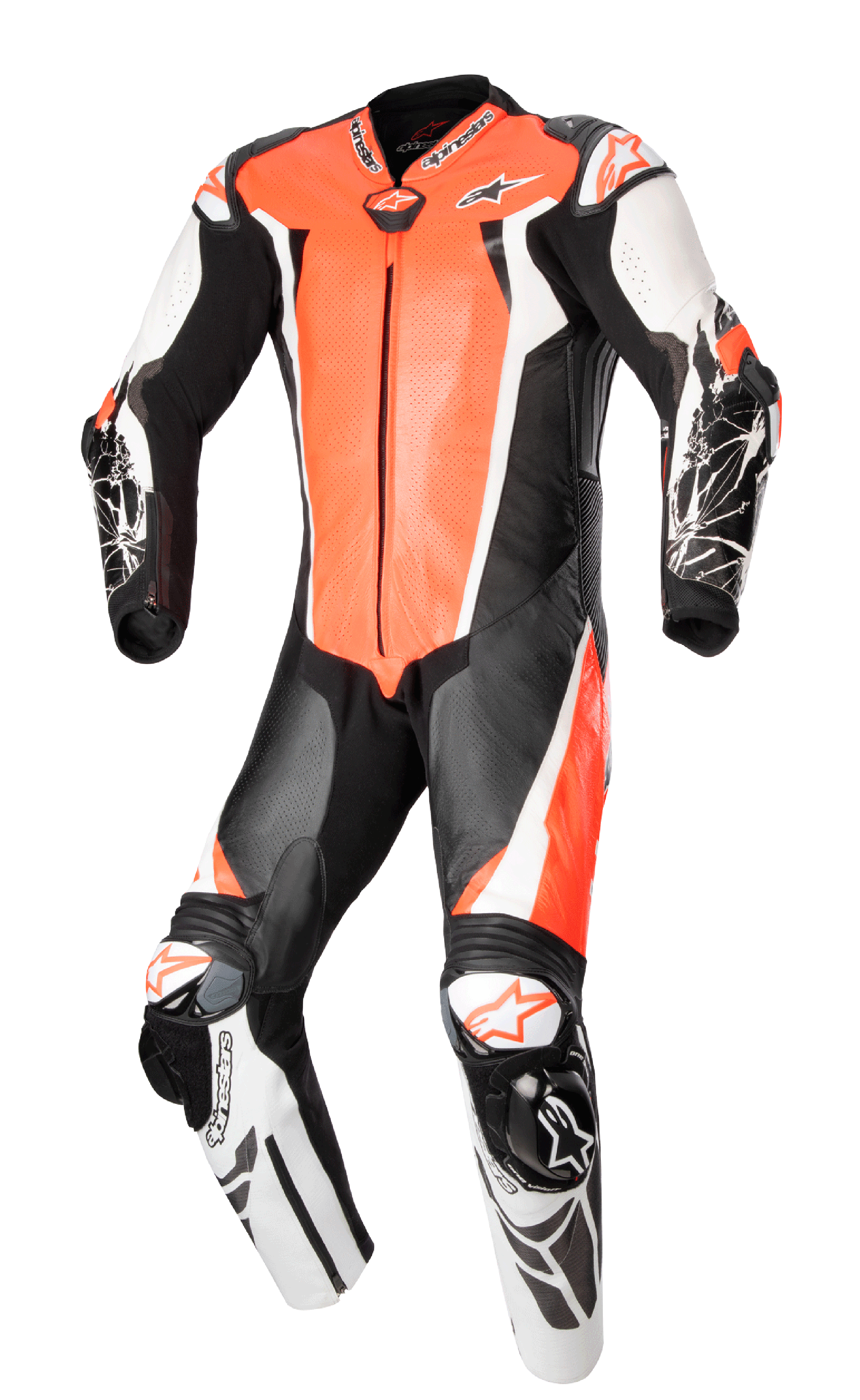 Alpinestars Racing Absolute V2, combinaison une pièce en cuir, rouge fluo, blanc et noir, avec panneaux perforés sur la poitrine, sliders externes DFS aux épaules et aux genoux, et détails graphiques sur les avant-bras, équipement de piste professionnel