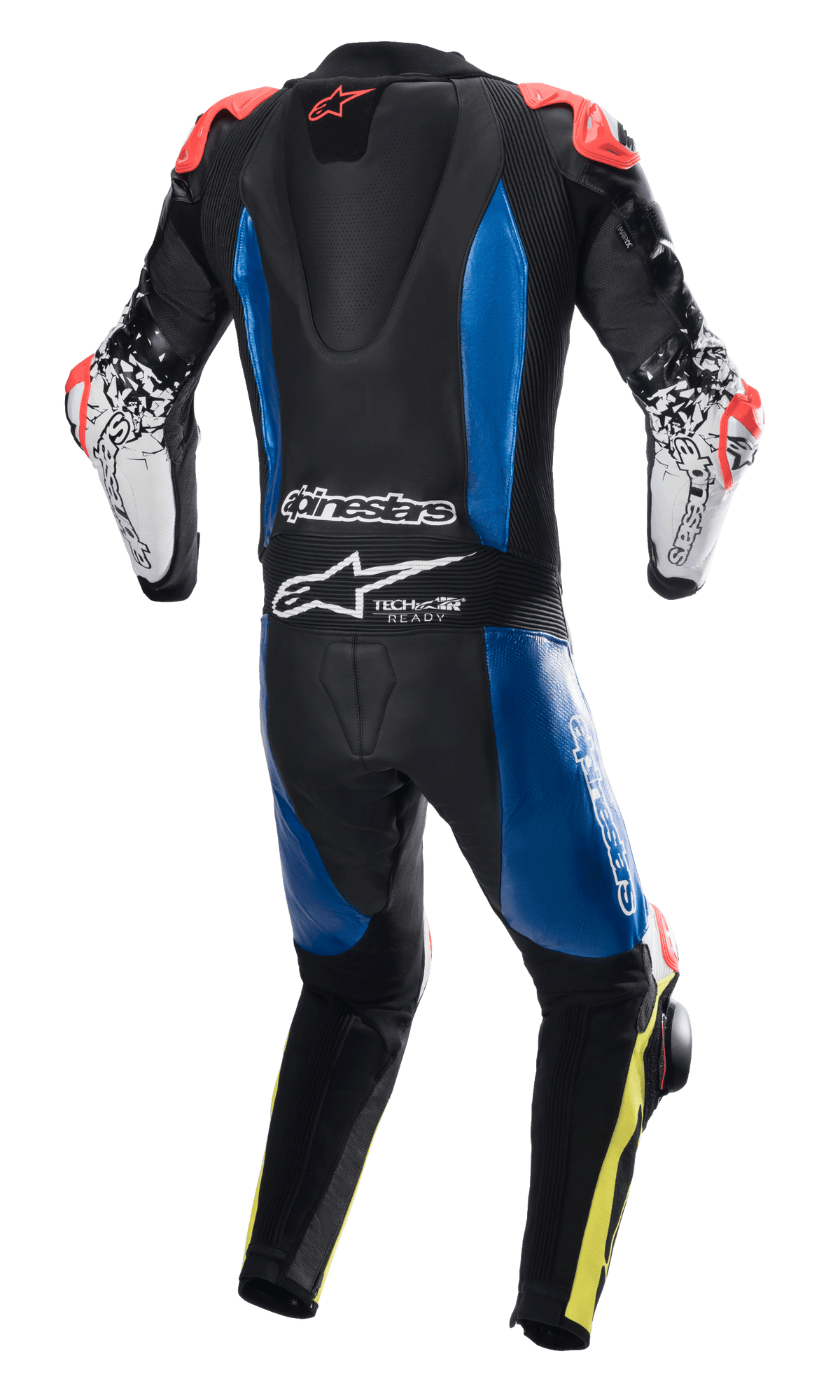 Combinaison en cuir Alpinestars GP Tech V4, combinaison de course une pièce, noire avec panneaux bleus et accents rouge fluo, vue arrière montrant la bosse aérodynamique et le marquage Tech-Air Ready, manches blanches avec graphismes noirs et détails jaune fluo sur les jambes, équipement de course professionnel pour la performance sur piste