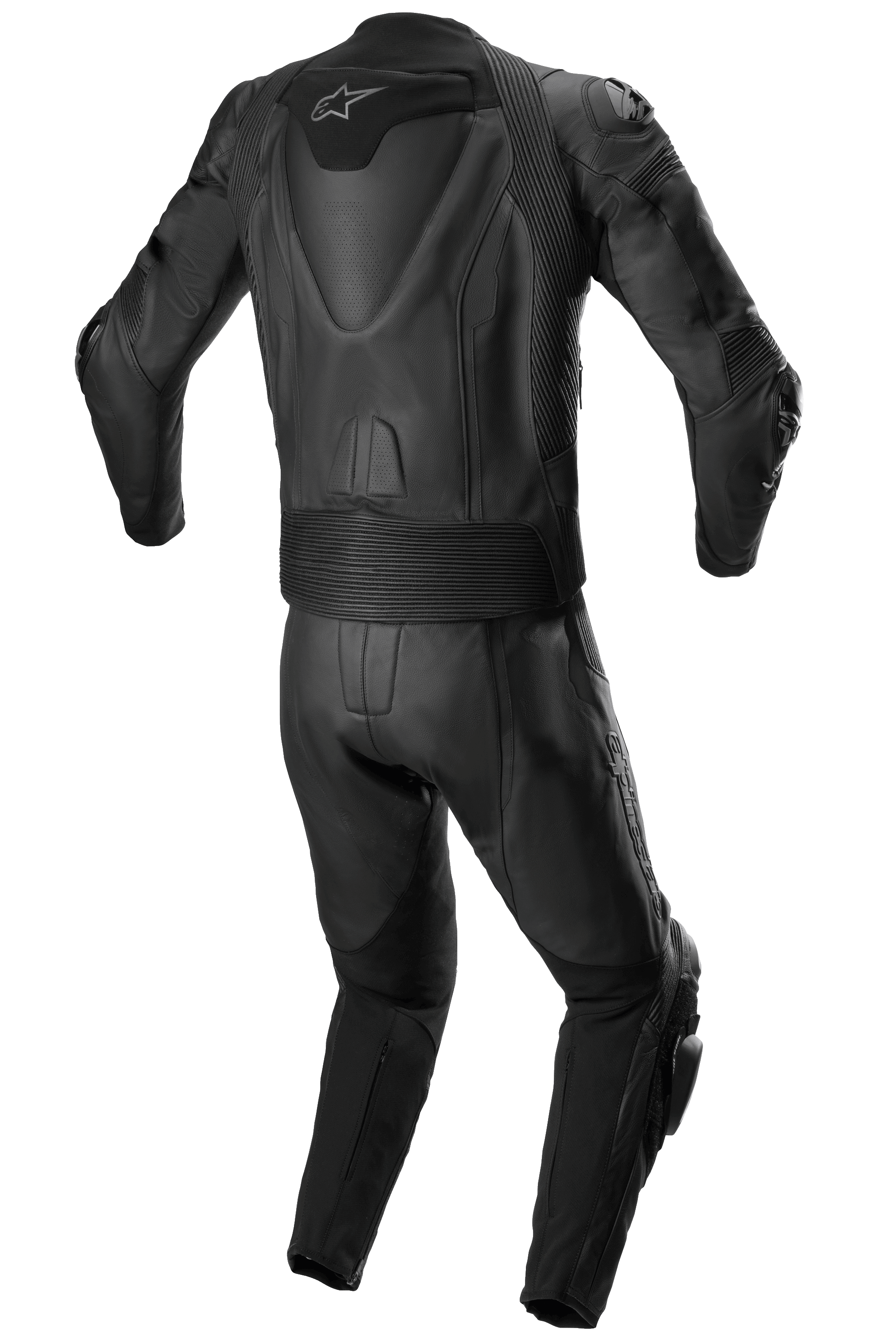 Alpinestars Missile V2 2-Piece Leather Suit, Racing Leather Suit, All Black, rear view showing aerodynamic back hump with white star logo, accordion stretch panels at the waist and shoulders, and perforated leather detailing for performance motorcycle riding