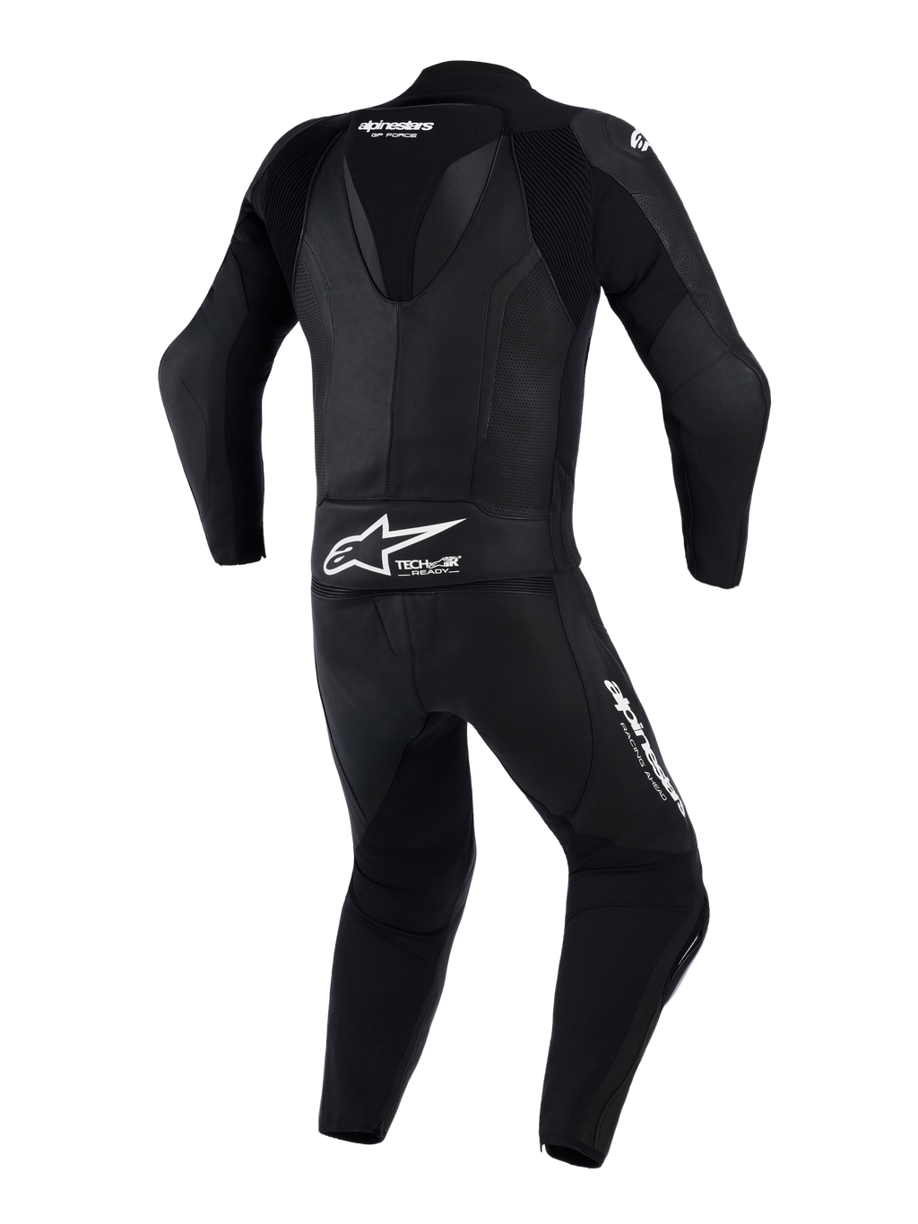 Combinaison en cuir 2 pièces Alpinestars GP Force V2, combinaison de moto, noire, vue arrière avec bosse aérodynamique et panneaux en cuir perforé, logos Alpinestars et Tech-Air Ready sur le bas du dos, conçue pour la conduite sur piste haute performance