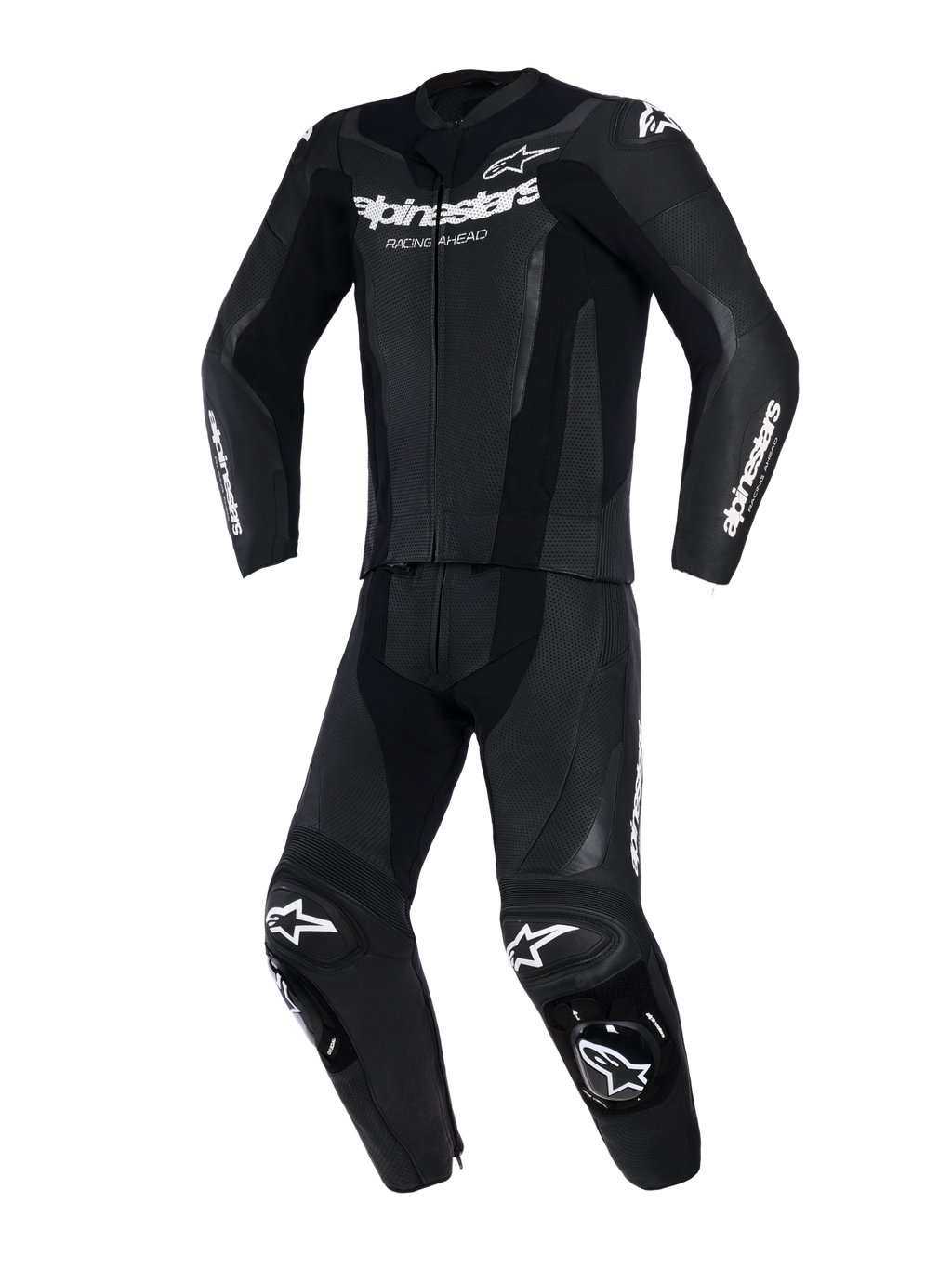 Combinaison en cuir 2 pièces Alpinestars GP Force V2, noir, vue de face, panneaux en cuir perforé, logos Alpinestars blancs sur la poitrine et les manches, sliders de genoux intégrés, équipement de performance pour circuit et conduite sportive