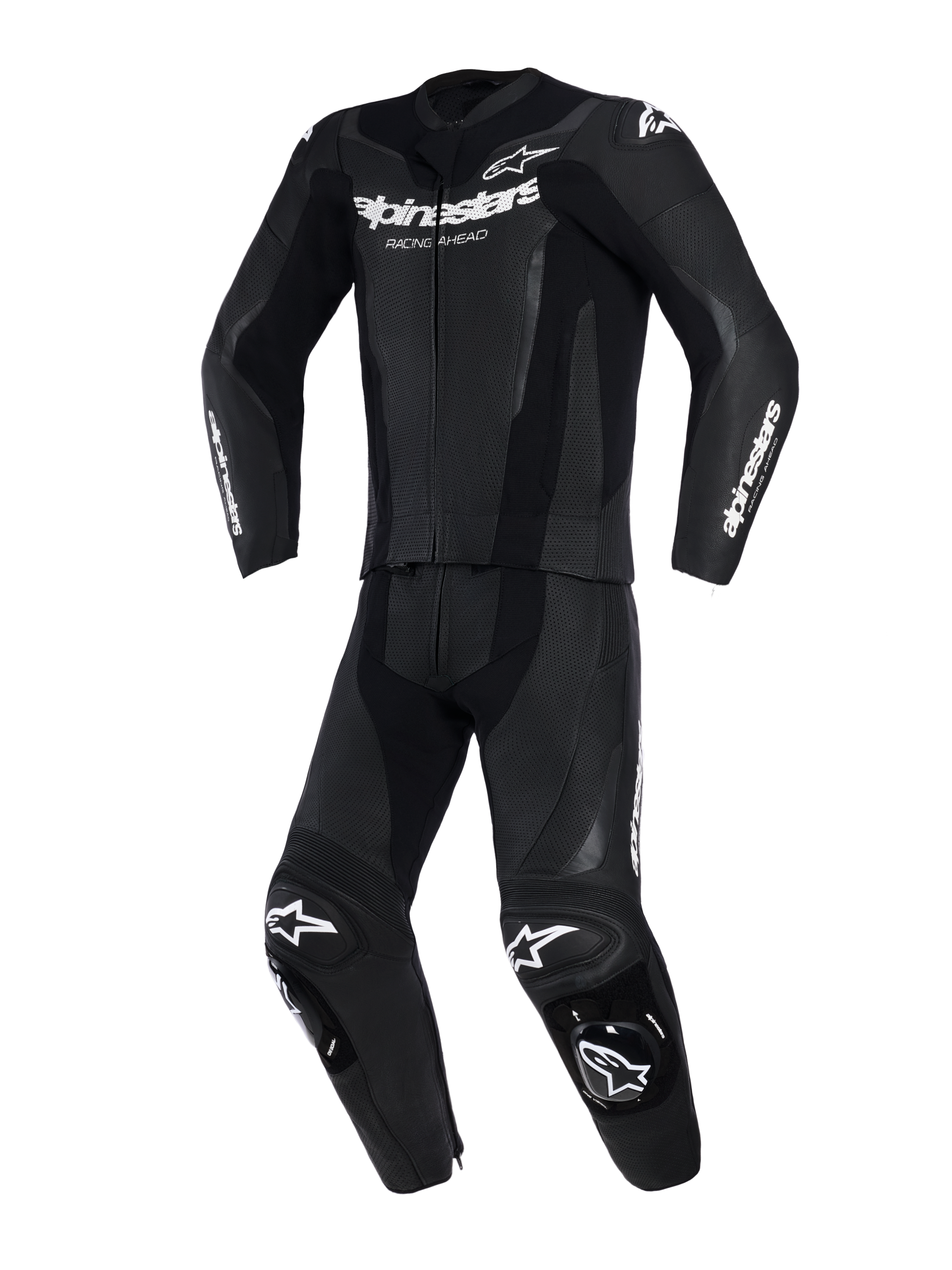 Combinaison en cuir 2 pièces Alpinestars GP Force V2, noir, vue de face, panneaux en cuir perforé, logos Alpinestars blancs sur la poitrine et les manches, sliders de genoux intégrés, équipement de performance pour circuit et conduite sportive