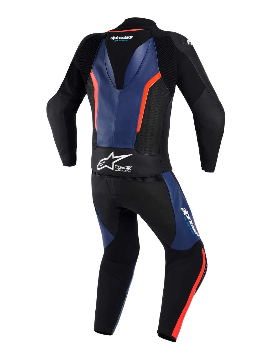 Alpinestars GP Force V2 Leather Suit 2-Piece, vue arrière, noir avec accents bleu et rouge fluo, combinaison de course moto professionnelle dotée d'une bosse aérodynamique, logo blanc Tech-Air Ready à la taille, panneaux en cuir perforé et zones extensibles en accordéon pour une mobilité accrue.