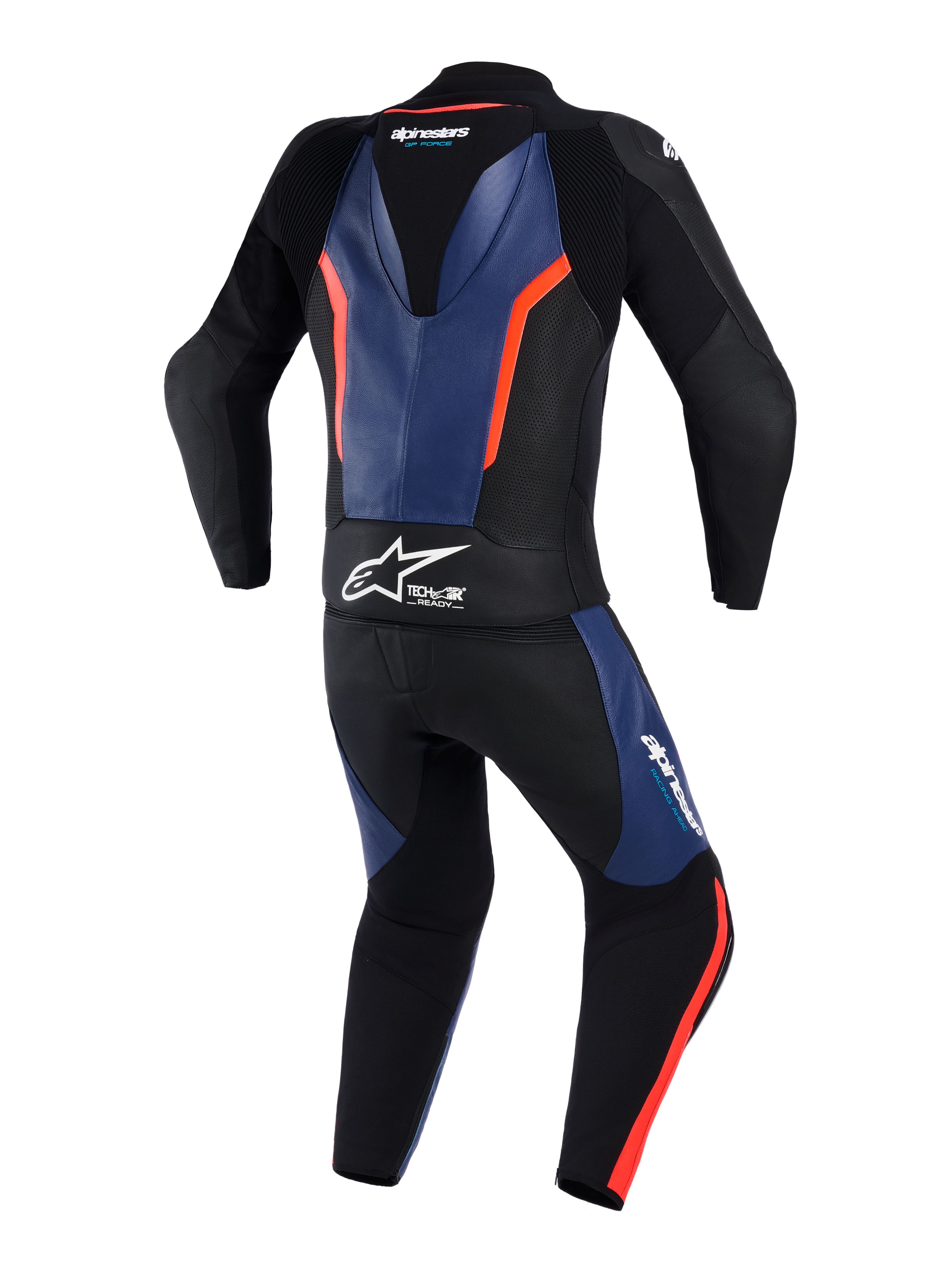 Alpinestars GP Force V2 Leather Suit 2-Piece, vue arrière, noir avec accents bleu et rouge fluo, combinaison de course moto professionnelle dotée d'une bosse aérodynamique, logo blanc Tech-Air Ready à la taille, panneaux en cuir perforé et zones extensibles en accordéon pour une mobilité accrue.