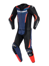Alpinestars GP Force V2 Leather Suit 2-Piece, Black Blue and Red Fluo, professional motorcycle racing suit with perforated leather panels, integrated knee sliders, and bold branding on chest and sleeves
