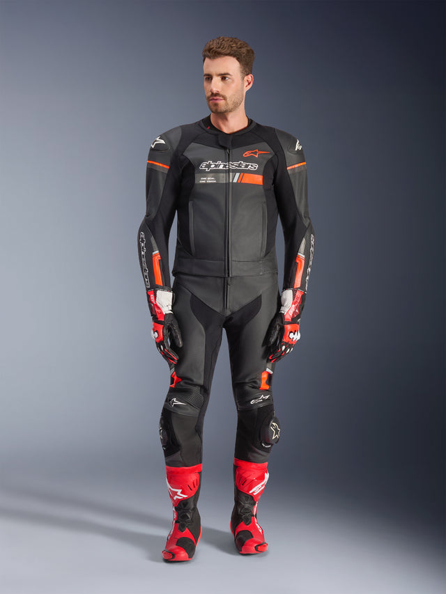 GP Force Chaser Two Pieces Leather Suit, Black and Red Motorcycle Racing Suit, Premium Leather Construction with Protective Padding, Alpinestars Logos, Race-Ready Design