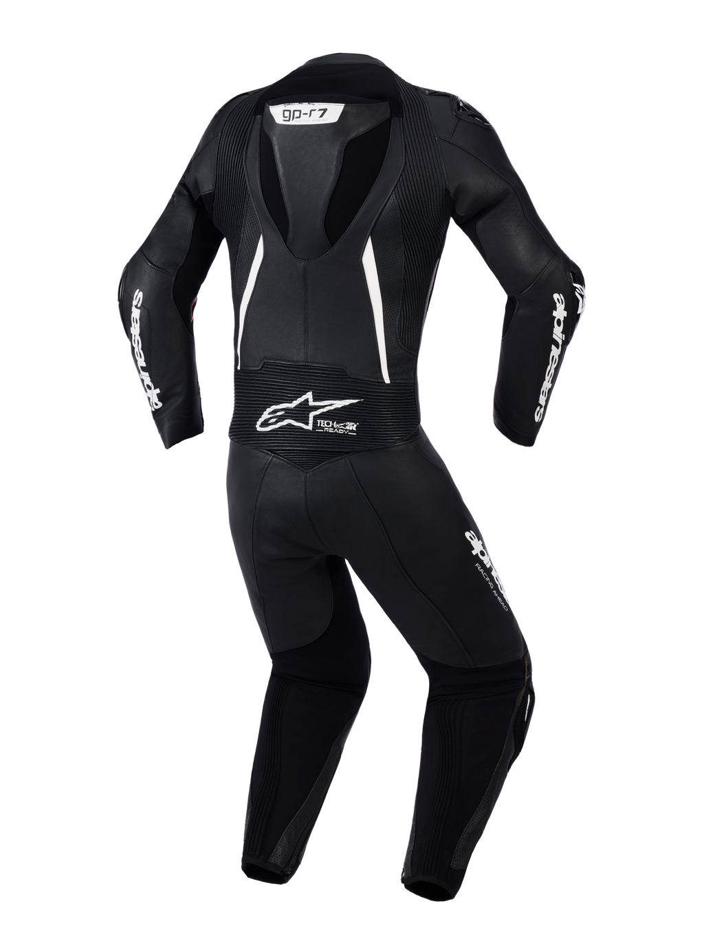Alpinestars Stella GP-R7 pour femme, combinaison en cuir 2 pièces, vue arrière noire avec accents blancs, bosse aérodynamique intégrée, panneaux extensibles en accordéon aux épaules et au bas du dos, cuir perforé et logos Alpinestars.