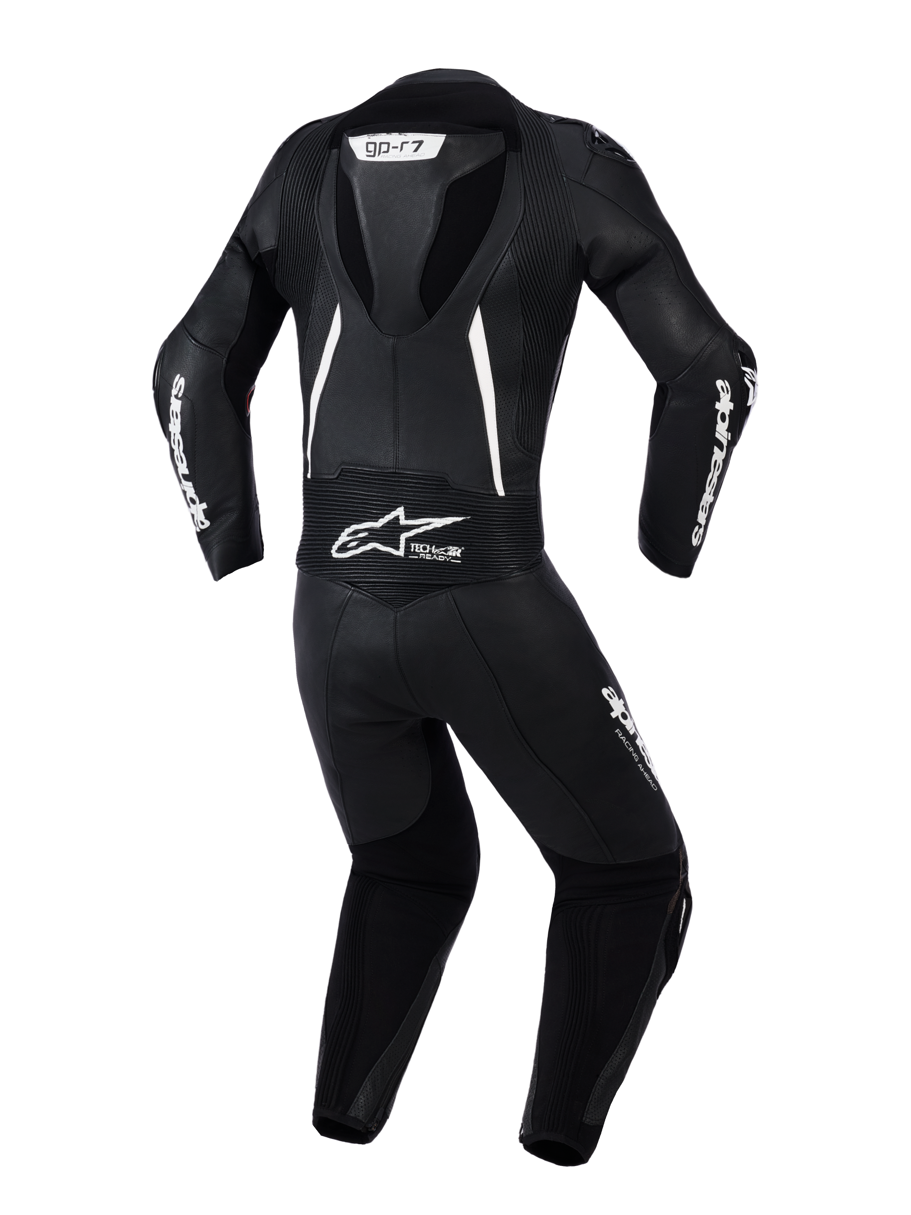 Alpinestars Stella GP-R7 pour femme, combinaison en cuir 2 pièces, vue arrière noire avec accents blancs, bosse aérodynamique intégrée, panneaux extensibles en accordéon aux épaules et au bas du dos, cuir perforé et logos Alpinestars.