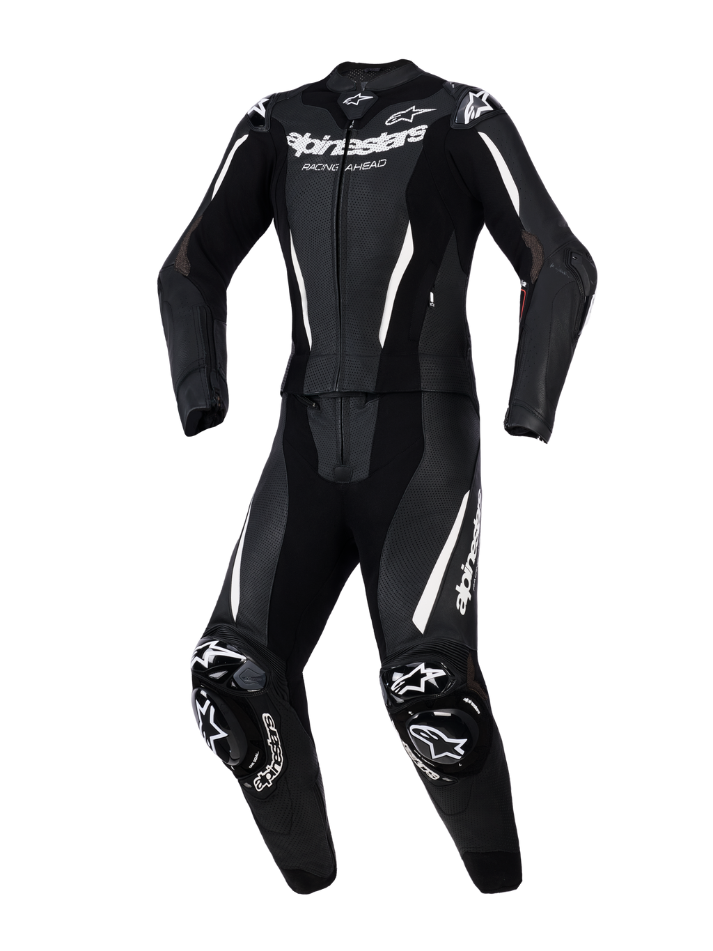Alpinestars Stella GP-R7 2-Piece Leather Suit, combinaison de moto pour femme, noir avec accents et logos blancs, cuir perforé pour une ventilation optimale, protections DFS externes aux épaules et genoux, coupe athlétique pré-courbée