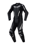 Alpinestars Stella GP-R7 2-Piece Leather Suit, combinaison de moto pour femme, noir avec accents et logos blancs, cuir perforé pour une ventilation optimale, protections DFS externes aux épaules et genoux, coupe athlétique pré-courbée