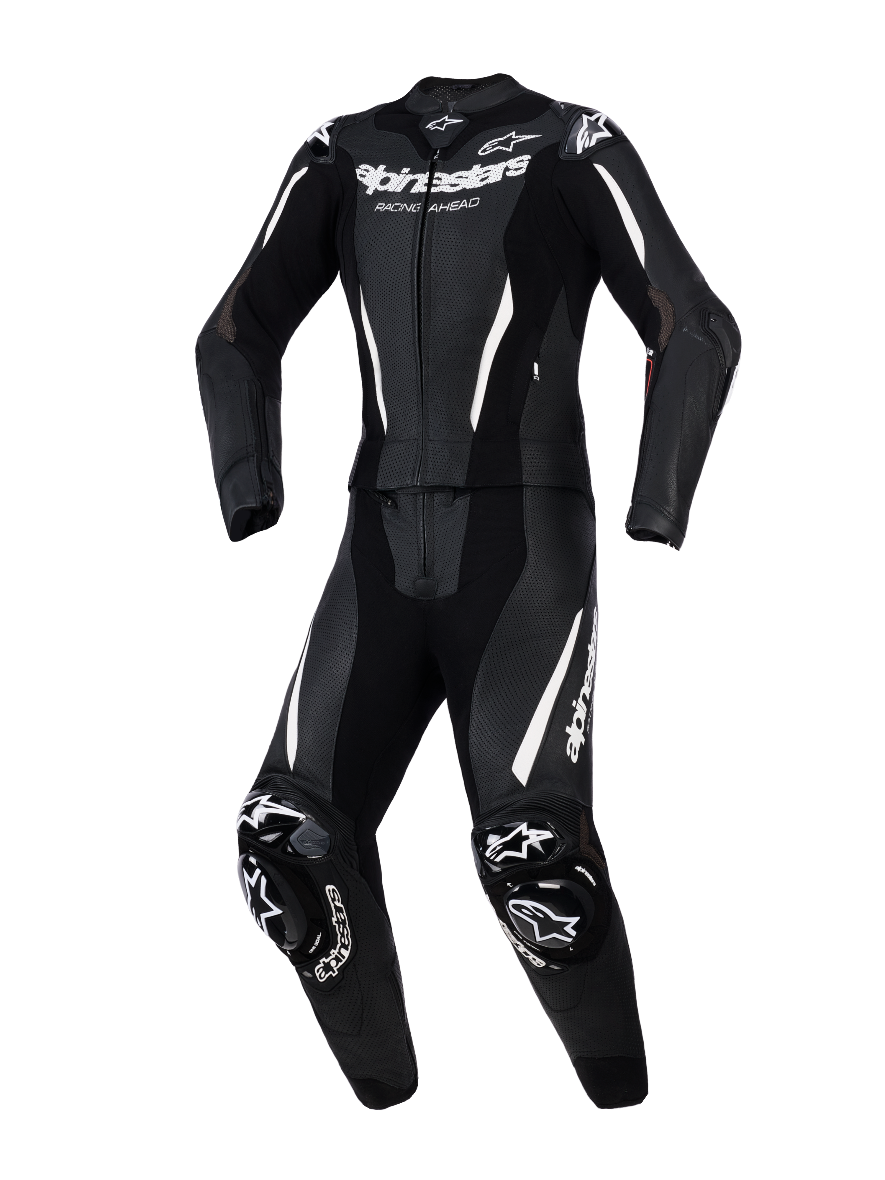 Alpinestars Stella GP-R7 2-Piece Leather Suit, combinaison de moto pour femme, noir avec accents et logos blancs, cuir perforé pour une ventilation optimale, protections DFS externes aux épaules et genoux, coupe athlétique pré-courbée
