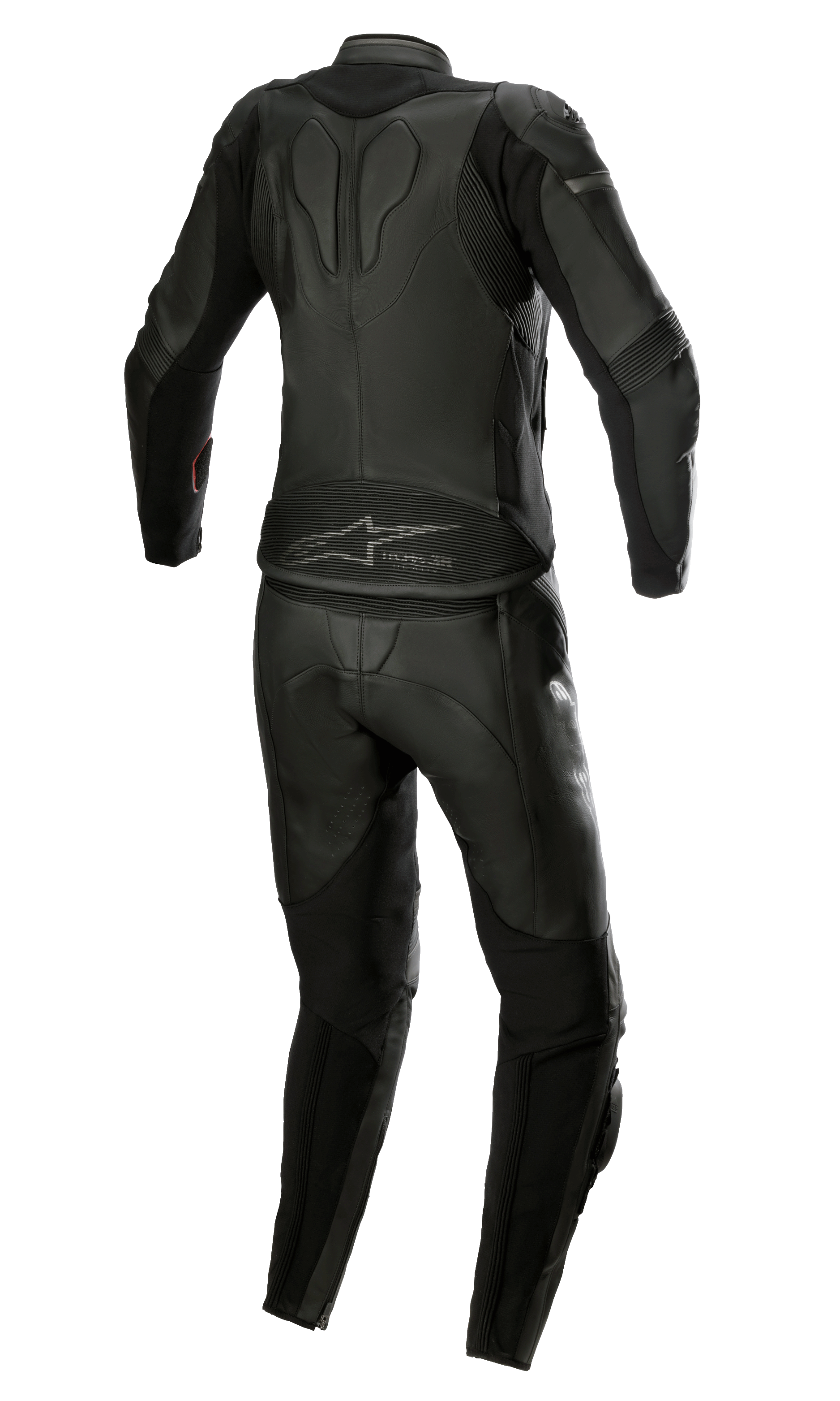 Alpinestars Women Stella GP Plus 2-Piece Leather Suit, Black Metallic Gray, Rear view showcasing streamlined design with accordion stretch panels, protective leather construction, and Alpinestars branding on the lower back, specifically tailored for a women's race fit.
