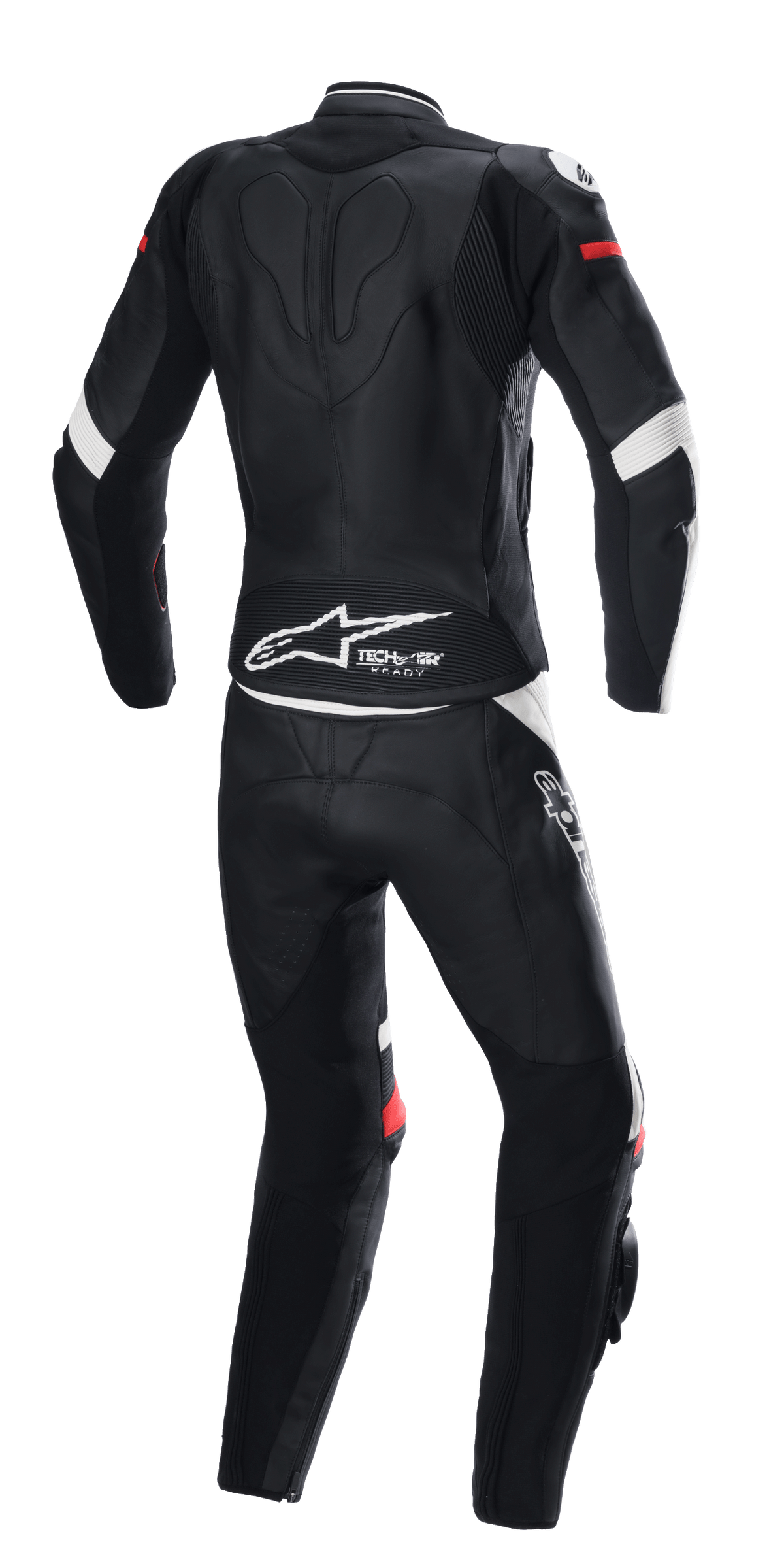 Combinaison en cuir 2 pièces Alpinestars Stella GP Plus, noir, blanc et rouge vif, vue arrière, avec marquage Tech-Air Ready et logo Alpinestars dans le bas du dos, combinaison de protection ergonomique avec panneaux extensibles pour la course moto.