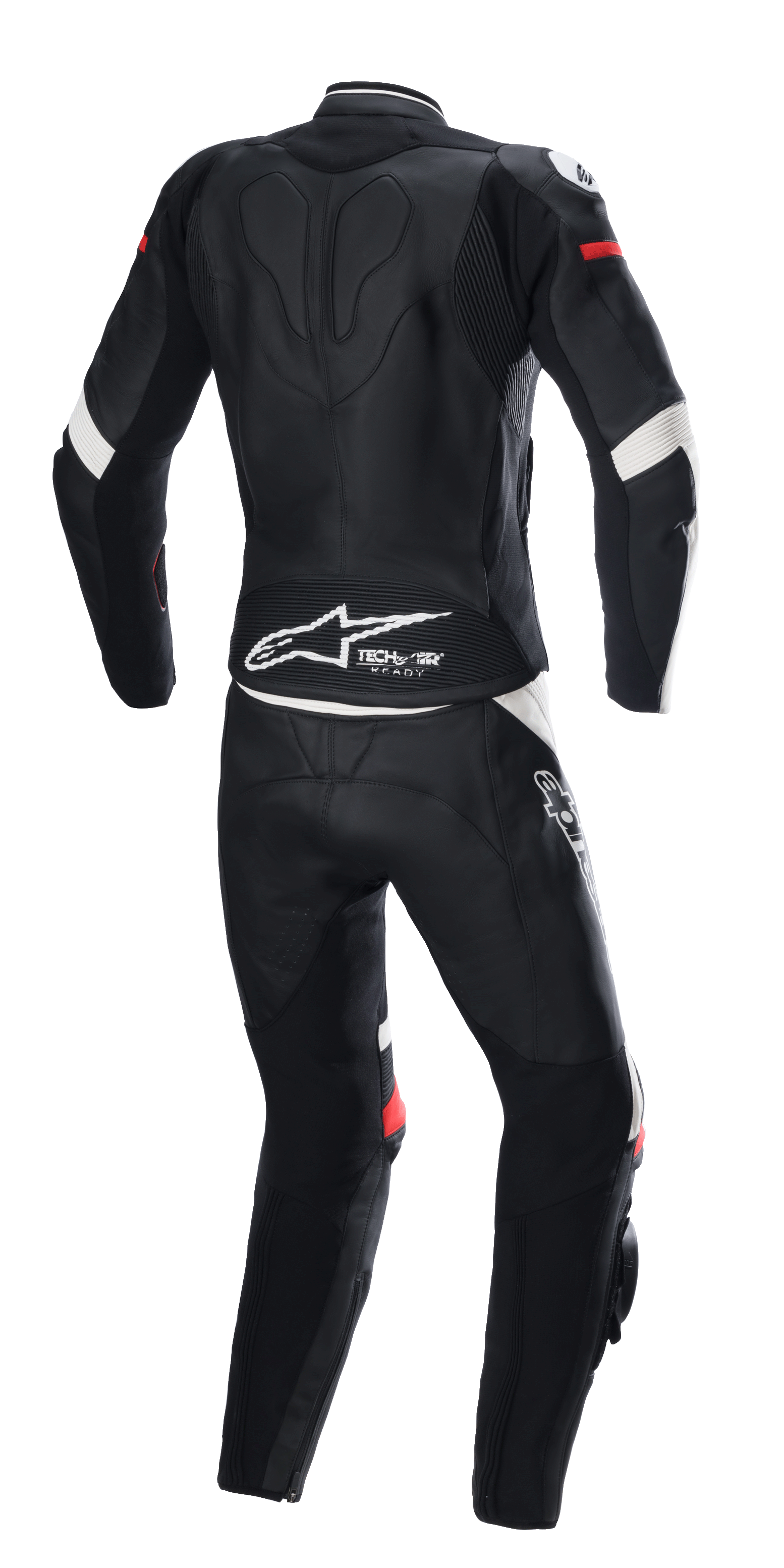 Combinaison en cuir 2 pièces Alpinestars Stella GP Plus, noir, blanc et rouge vif, vue arrière, avec marquage Tech-Air Ready et logo Alpinestars dans le bas du dos, combinaison de protection ergonomique avec panneaux extensibles pour la course moto.