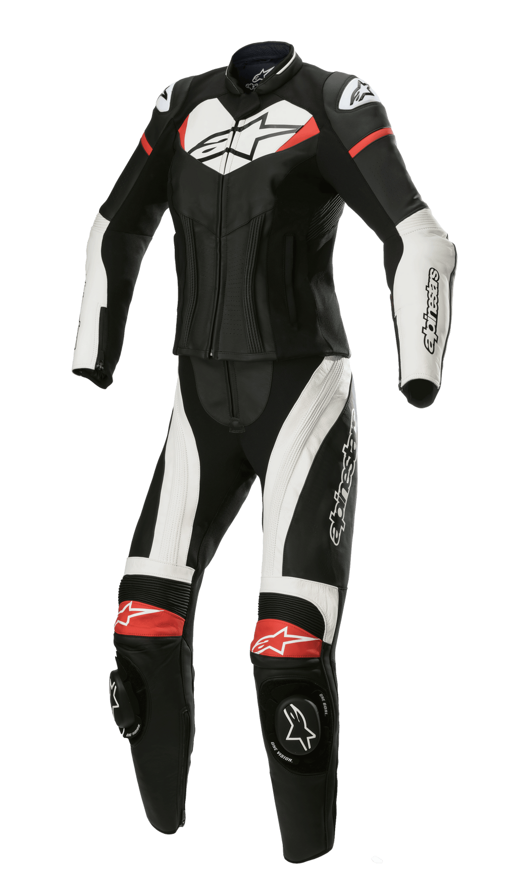 Alpinestars Stella GP Plus, combinaison de course deux pièces en cuir pour femme, noire avec accents blancs et rouge vif, construction en cuir deux pièces avec profil aérodynamique, protections d'épaules DFS Lite, sliders de genoux et panneaux extensibles pour une coupe féminine spécifique