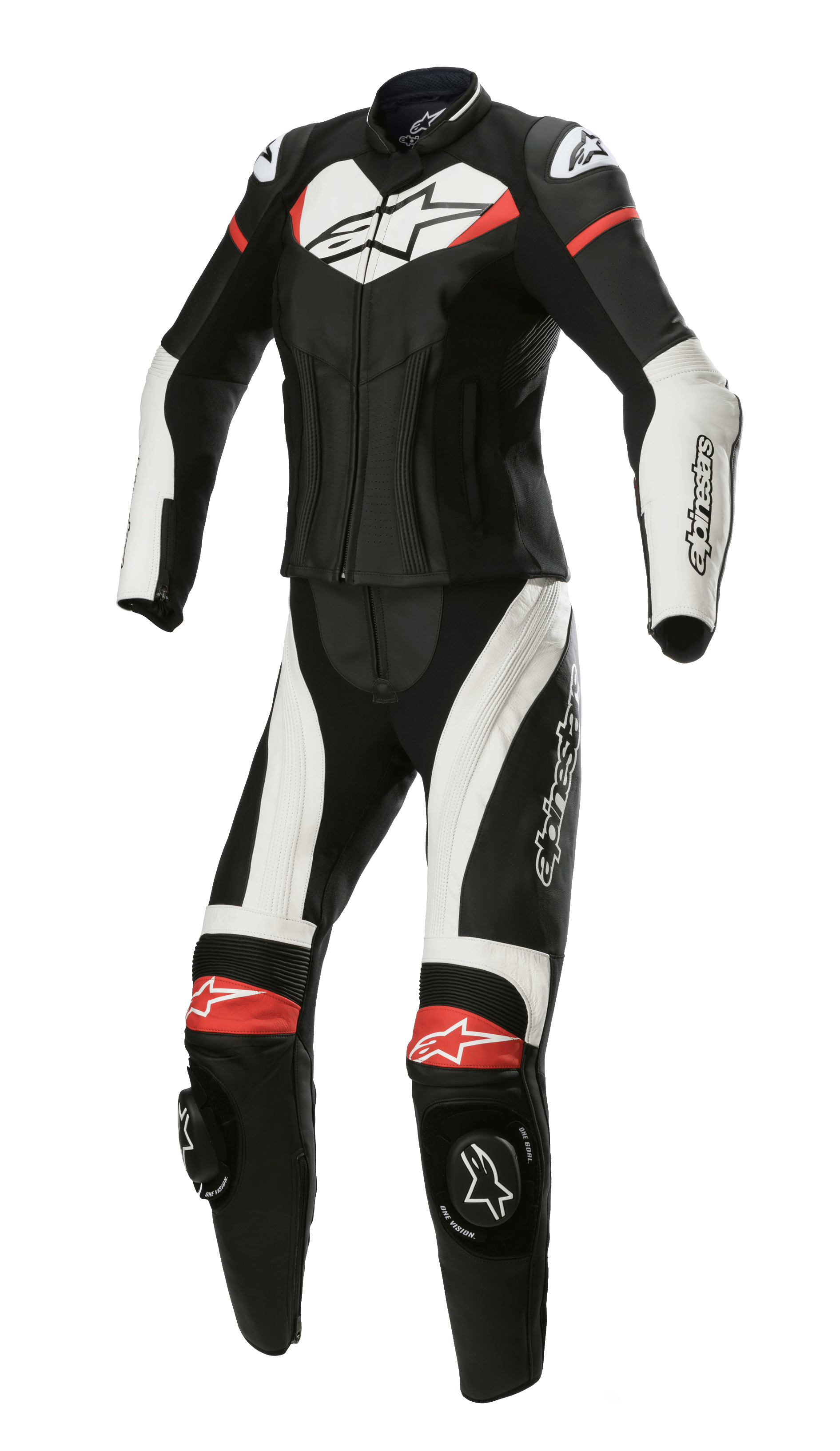 Alpinestars Stella GP Plus, combinaison de course deux pièces en cuir pour femme, noire avec accents blancs et rouge vif, construction en cuir deux pièces avec profil aérodynamique, protections d'épaules DFS Lite, sliders de genoux et panneaux extensibles pour une coupe féminine spécifique