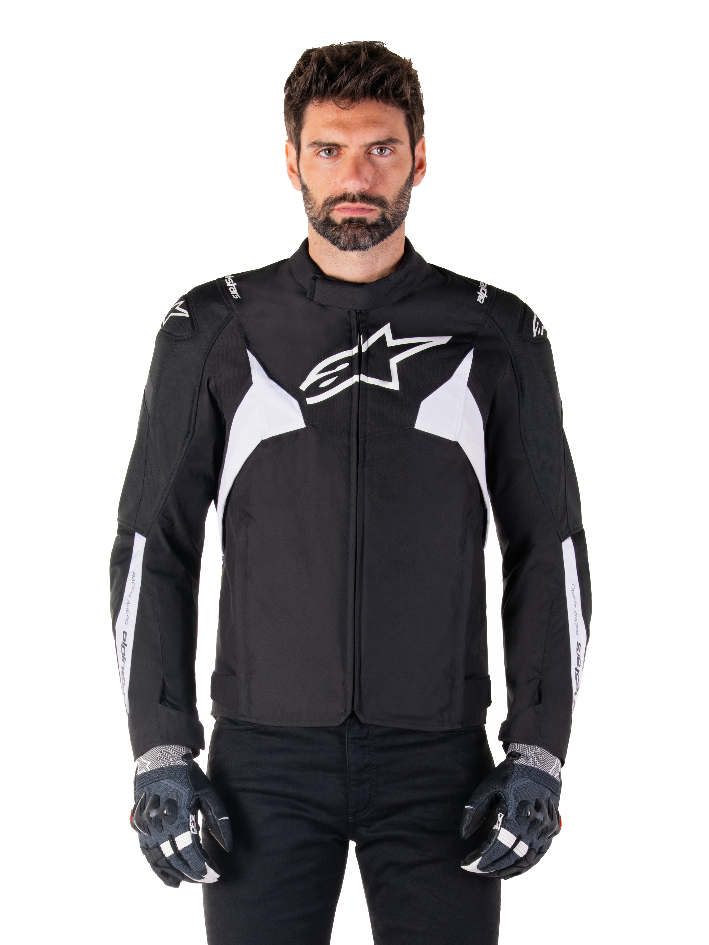 Alpinestars T-Jaws V4 Waterproof Jacket, noir et blanc, veste de moto sport en textile pour homme, logo étoile blanc sur la poitrine, accents blancs aux épaules et bandes blanches sur les avant-bras, col haut, coupe athlétique pour la route
