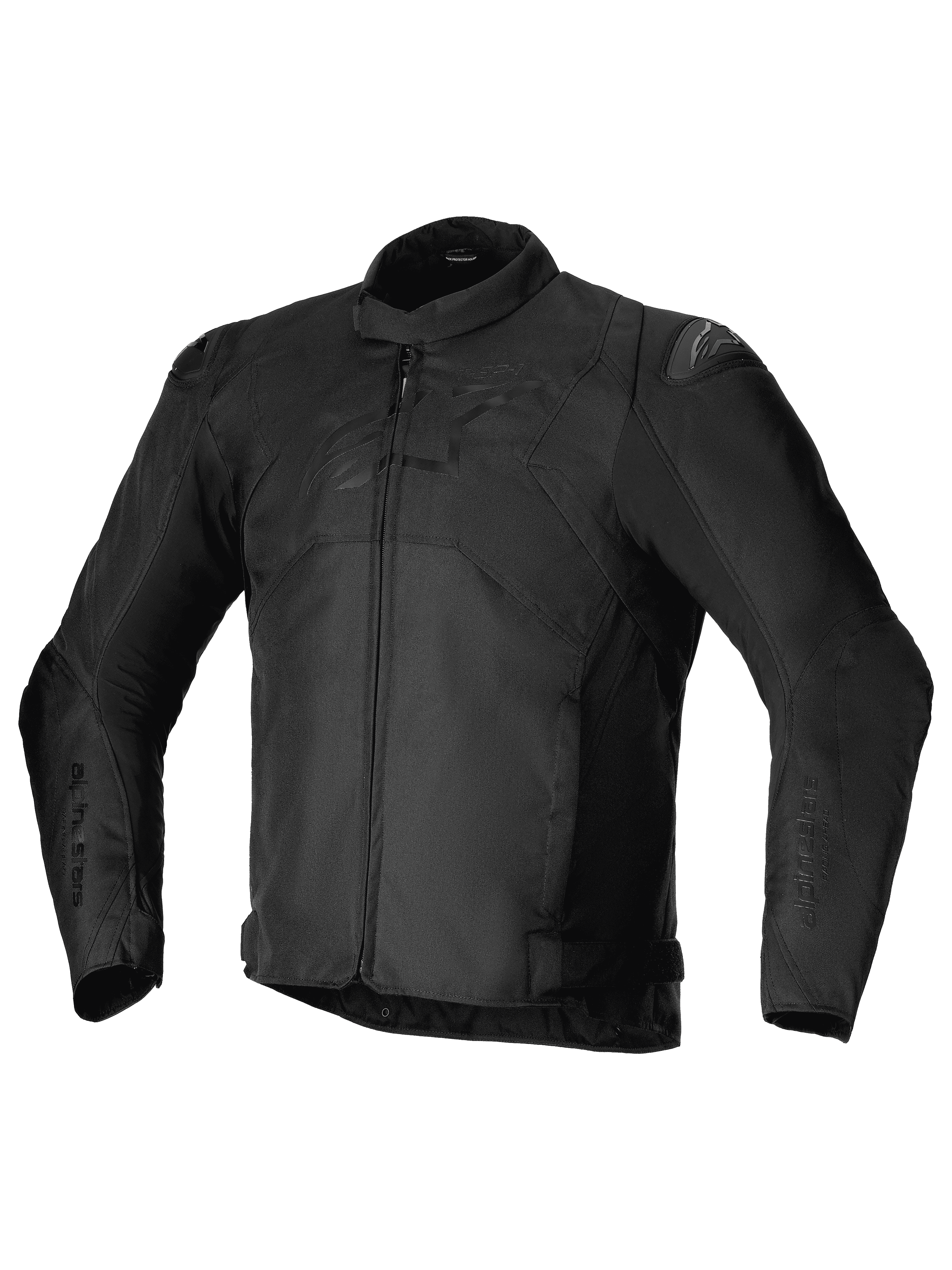 Alpinestars T-SP 1 V2 Waterproof Jacket, Black, Sport Textile Motorcycle Jacket, featuring a low profile collar, long pre-curved sleeves, front zipper closure, DFS Lite shoulder sliders, and a tonal Alpinestars logo on the chest.