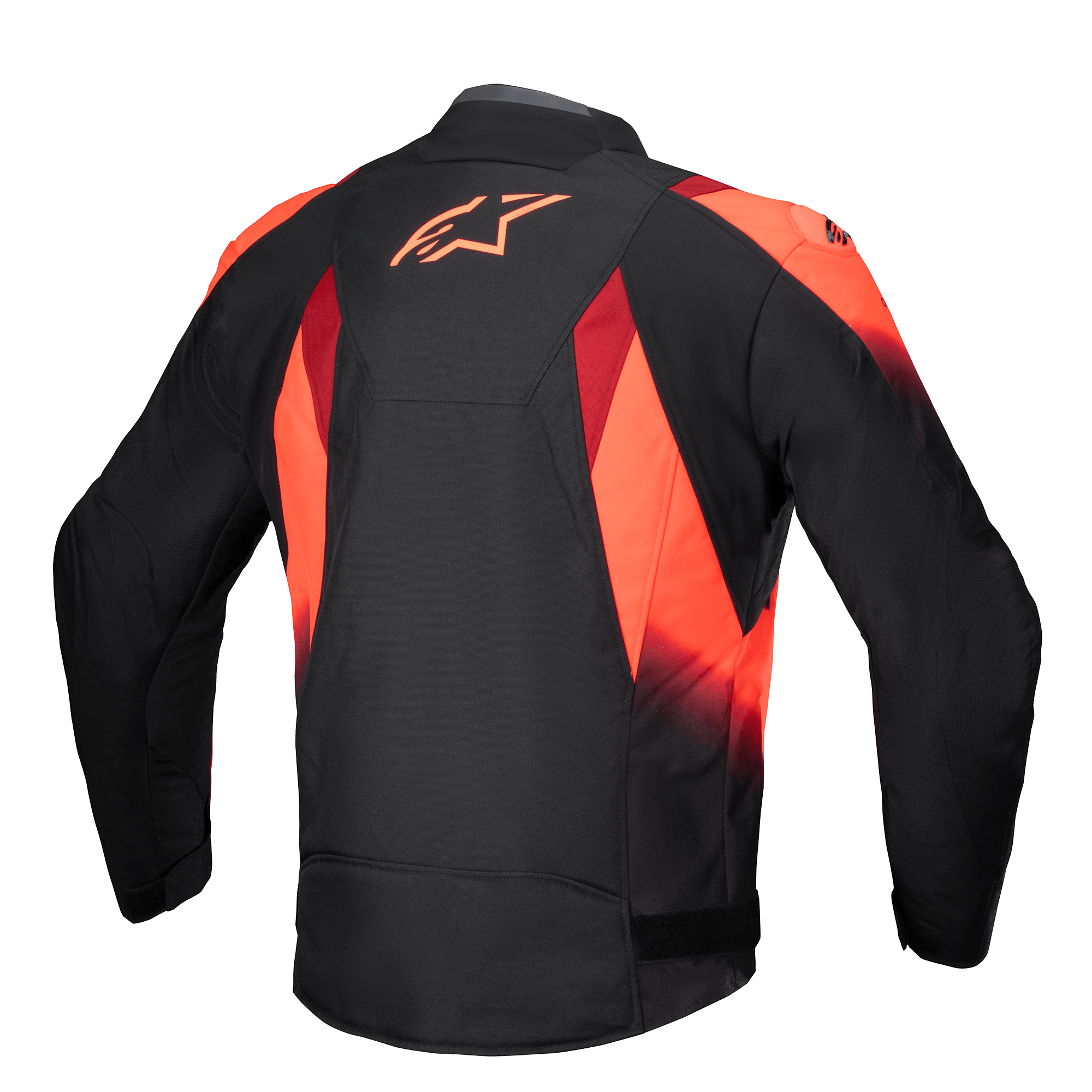 Veste Alpinestars T-SP 1 V2 Waterproof, vue arrière, Noir et Rouge Fluo, veste de moto en textile avec un logo Astars rouge imposant sur le haut du dos, graphismes sublimés et silhouette sportive ajustée