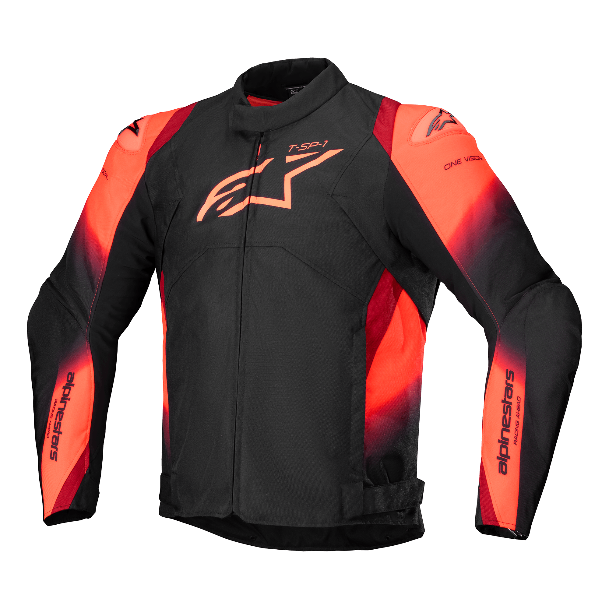 Alpinestars T-SP 1 V2 Waterproof Jacket, veste de moto, noir et rouge fluo, avec col haut et manches longues, logo Alpinestars proéminent sur la poitrine et marquage sur les manches, design textile sportif avec accents rouge orangé vifs, construction imperméable avec sliders d'épaules
