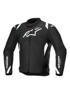 Alpinestars T-SP 1 V2 Waterproof Jacket, Textile Motorcycle Jacket, Black and White, featuring a large white Astars logo on the chest, branding on the sleeves and shoulders, and a technical sport-inspired silhouette.