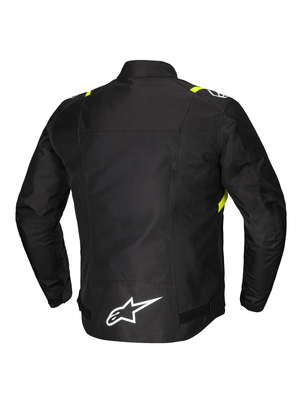 Alpinestars T-SPS V2 Waterproof Jacket, men's sport textile motorcycle jacket, rear view showing reflective detailing and white logo on extended lower back, Black with White and Yellow Fluo accents
