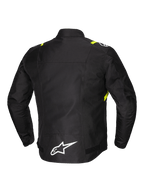 Alpinestars T-SPS V2 Waterproof Jacket, men's sport textile motorcycle jacket, rear view showing reflective detailing and white logo on extended lower back, Black with White and Yellow Fluo accents