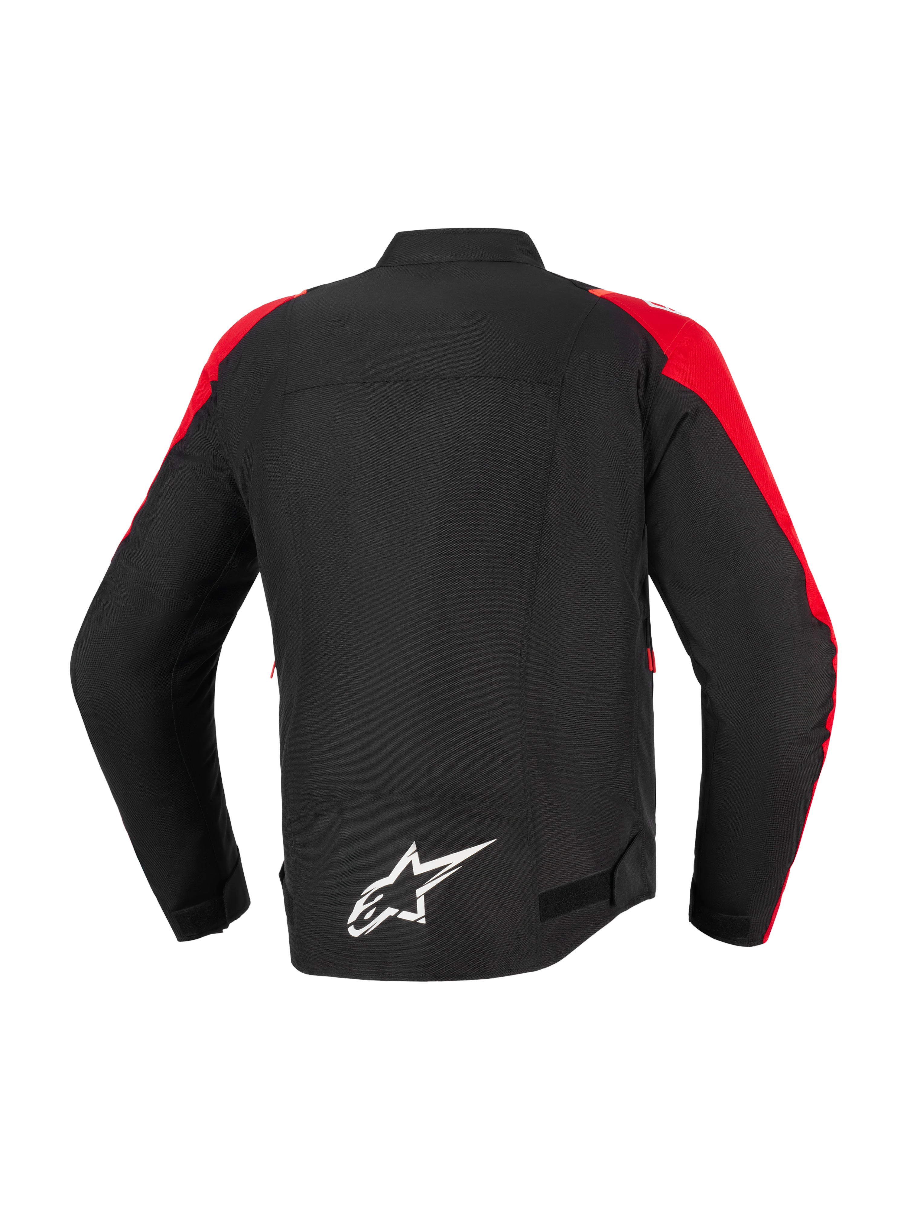 Veste imperméable Alpinestars T-SPS V2, veste de moto, noire avec accents rouges, vue de dos présentant un logo Alpinestars blanc en bas du dos, design textile coupe sport pour la conduite urbaine et routière