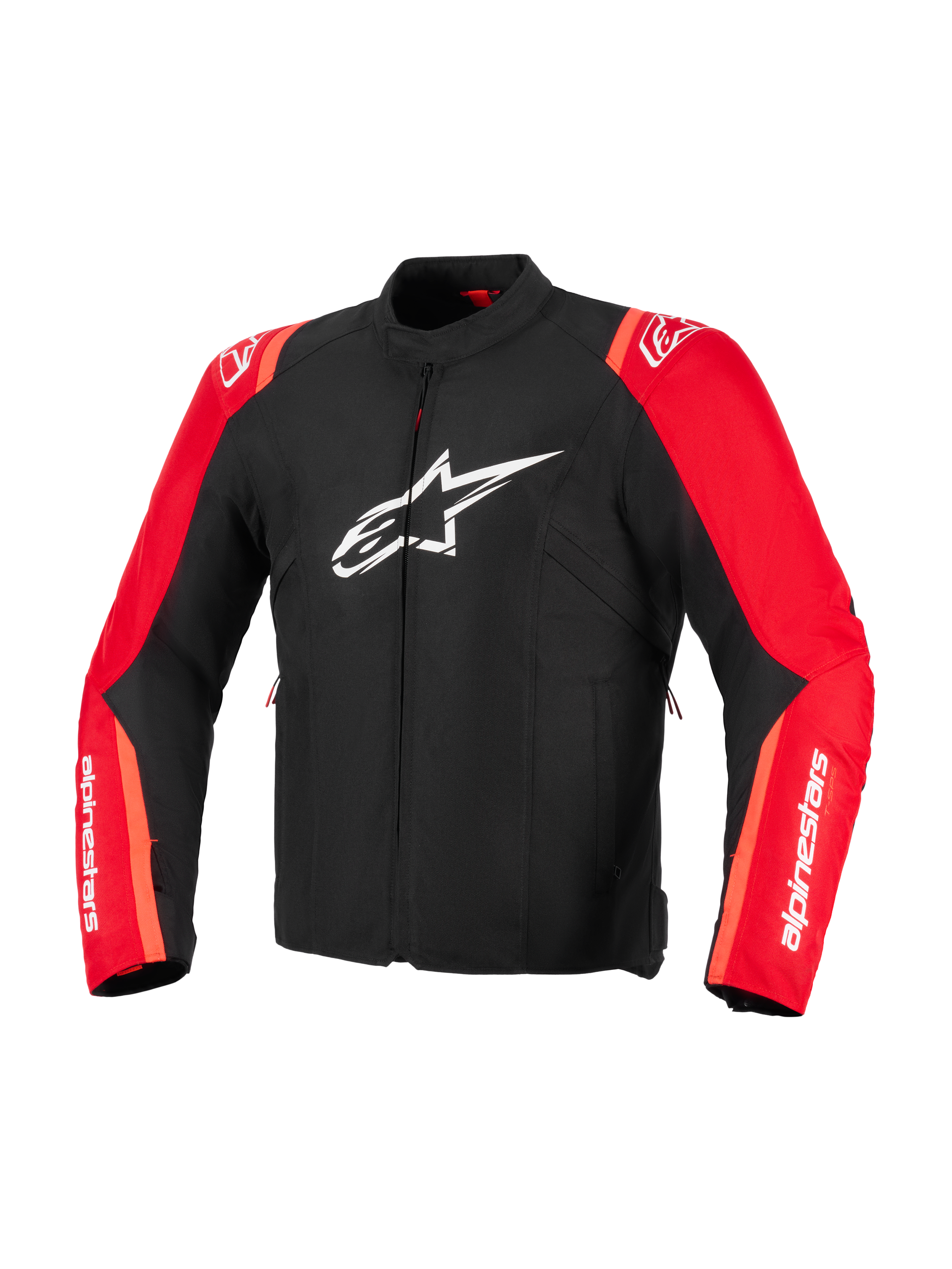 Veste imperméable Alpinestars T-SPS V2, veste de moto en textile, noir et rouge fluo, avec logo étoile Alpinestars blanc sur la poitrine et marquage blanc sur les manches, coupe sportive au design inspiré de la course