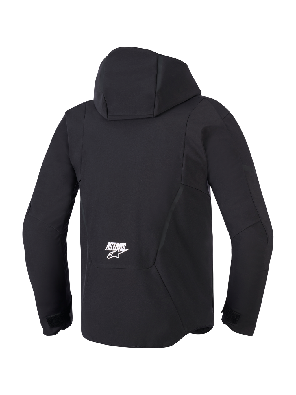 Veste Alpinestars Aeroshell Waterproof, noire, vue arrière présentant la capuche intégrée et le logo ASTARS blanc sur le bas du dos, veste de moto softshell moderne avec conception technique imperméable