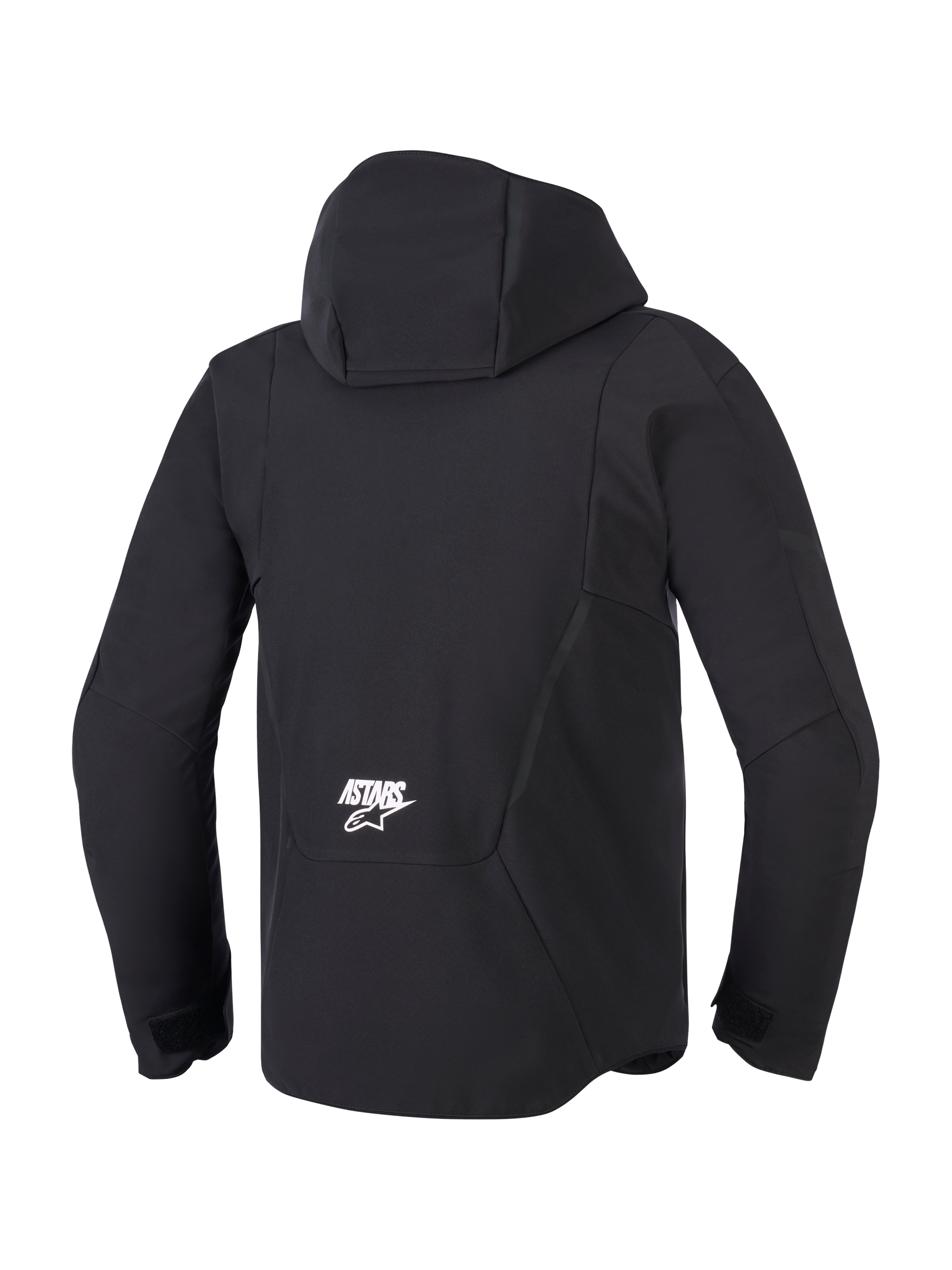 Veste Alpinestars Aeroshell Waterproof, noire, vue arrière présentant la capuche intégrée et le logo ASTARS blanc sur le bas du dos, veste de moto softshell moderne avec conception technique imperméable
