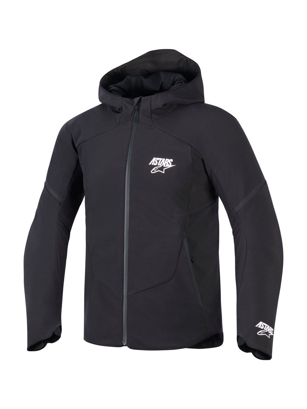 Veste imperméable Alpinestars Aeroshell, noire, vue de face d'une veste de moto à capuche arborant le logo ASTARS blanc sur la poitrine et le poignet, finition textile épurée avec fermeture éclair avant imperméable