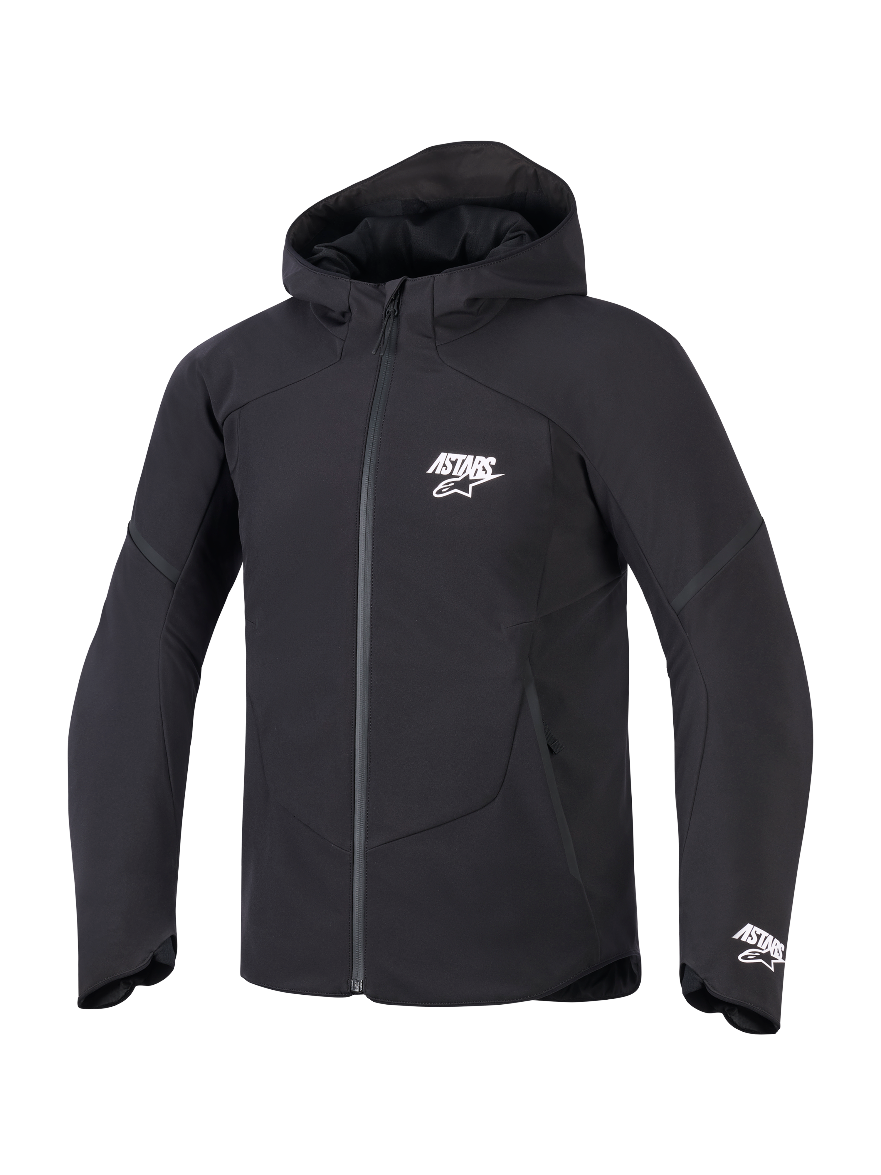 Veste imperméable Alpinestars Aeroshell, noire, vue de face d'une veste de moto à capuche arborant le logo ASTARS blanc sur la poitrine et le poignet, finition textile épurée avec fermeture éclair avant imperméable