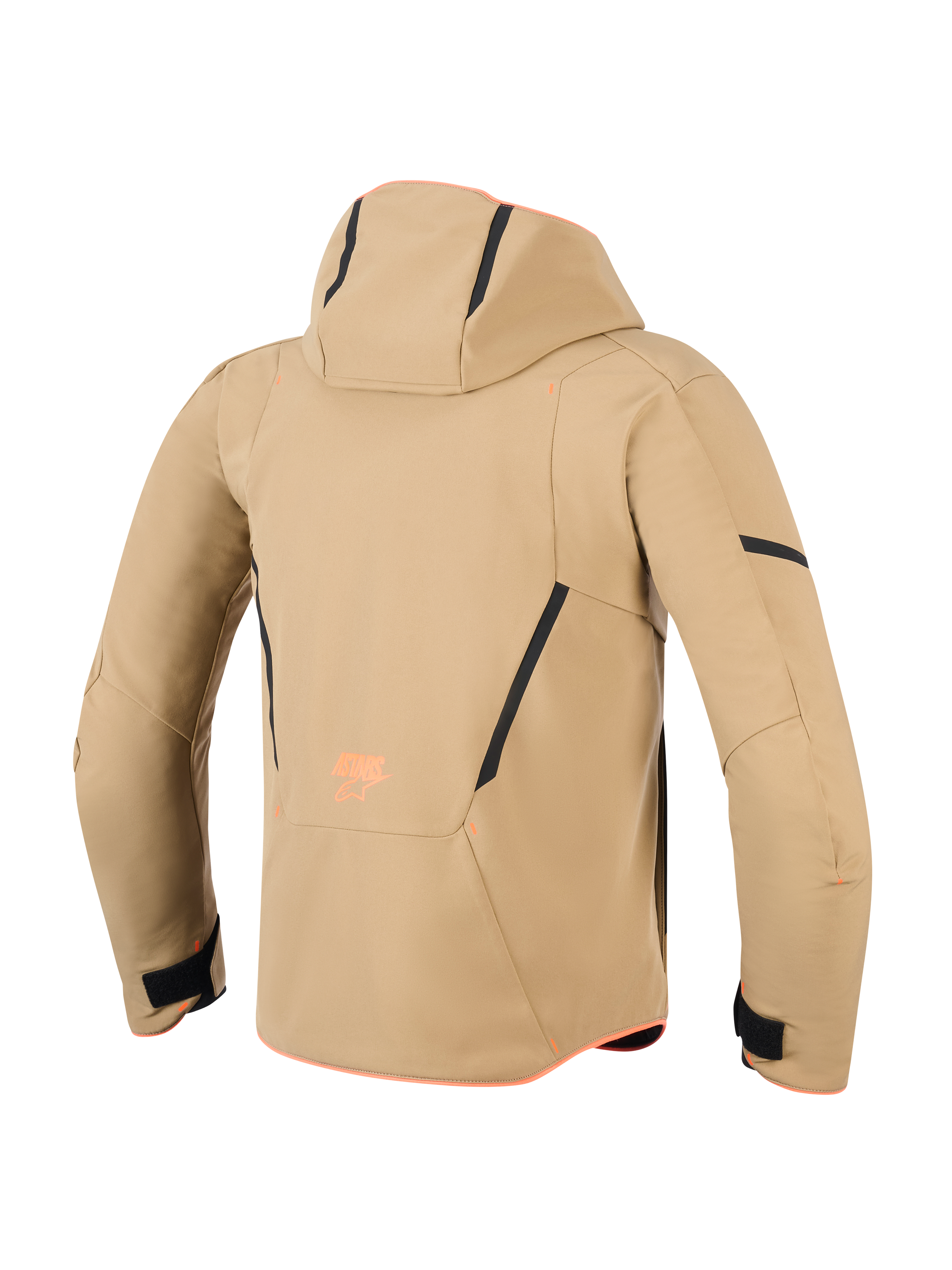 Veste imperméable Alpinestars Aeroshell, vue arrière, kaki foncé avec accents noir et orange fluo, dotée d'une capuche, de lignes contrastées noires et d'un marquage orange, hoodie de moto softshell sport
