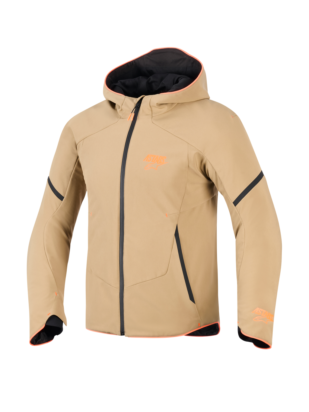 Veste imperméable Alpinestars Aeroshell, kaki foncé avec accents noir et orange fluo, style hoodie softshell sportif, équipement technique de moto avec finitions orange et logo sur la poitrine