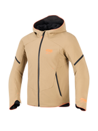Veste imperméable Alpinestars Aeroshell, kaki foncé avec accents noir et orange fluo, style hoodie softshell sportif, équipement technique de moto avec finitions orange et logo sur la poitrine