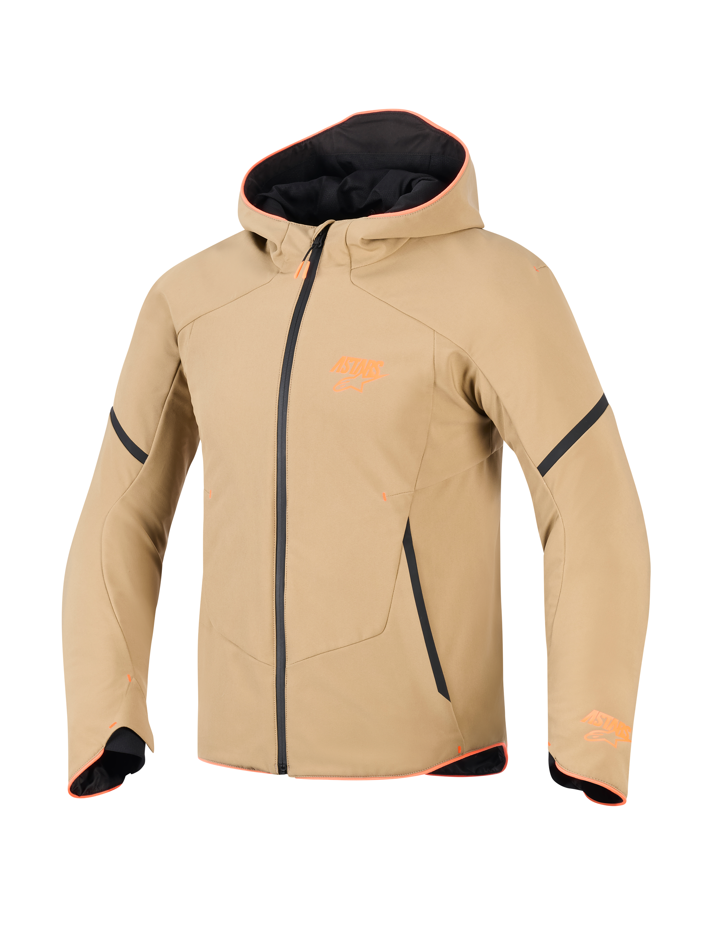 Veste imperméable Alpinestars Aeroshell, kaki foncé avec accents noir et orange fluo, style hoodie softshell sportif, équipement technique de moto avec finitions orange et logo sur la poitrine