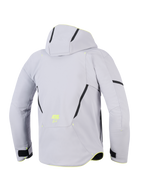 Alpinestars Aeroshell Waterproof Jacket, Mid Gray Yellow Fluo, back view of a hooded motorcycle jacket, light gray textile softshell with black diagonal accents, yellow fluorescent ASTARS logo on the lower back, modern sport-focused design.