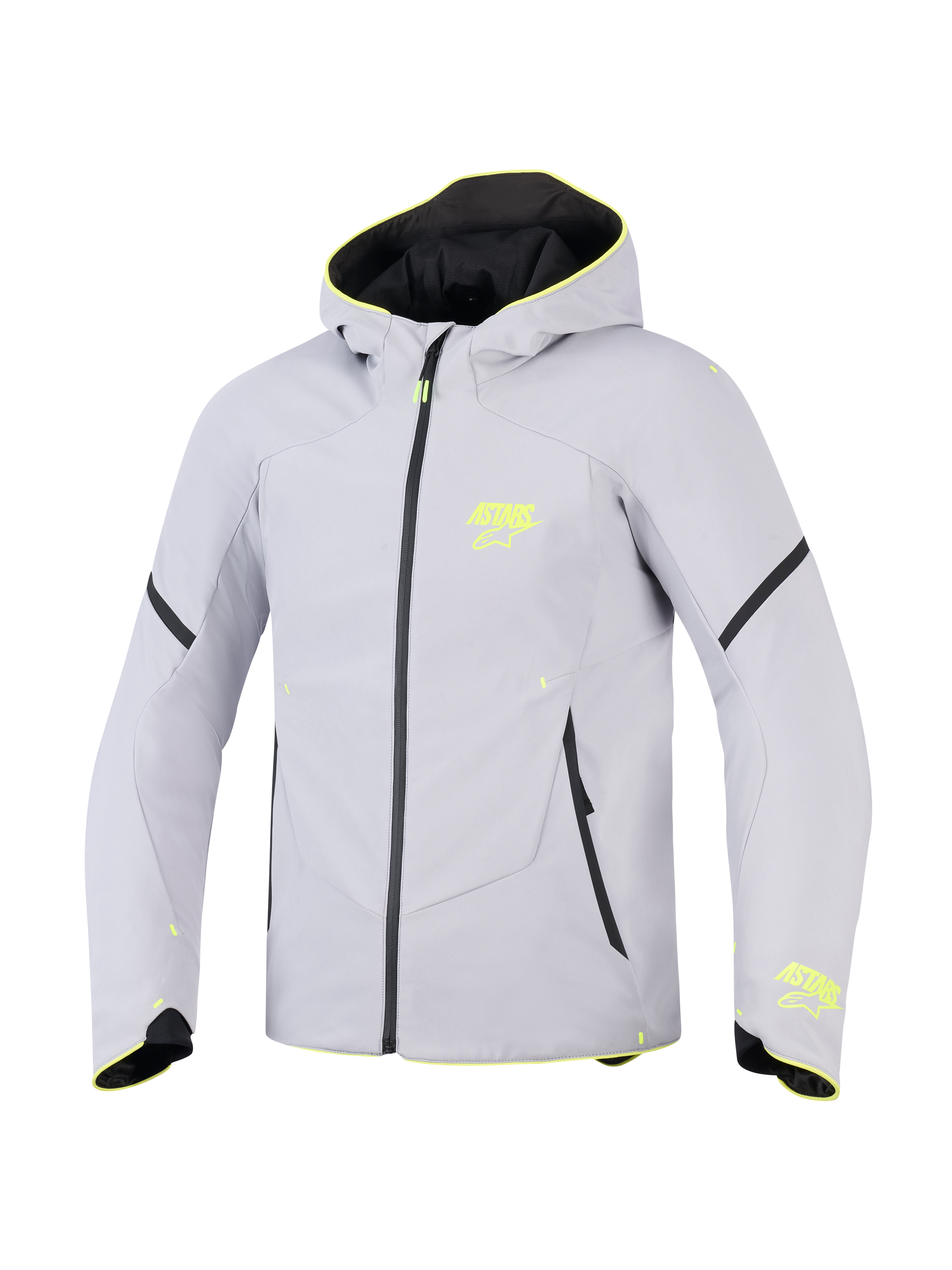 Alpinestars Aeroshell Waterproof Jacket, Mid Gray and Yellow Fluo, hooded sport softshell motorcycle jacket, featuring neon yellow ASTARS logos, black waterproof zipper, and modern athletic fit.