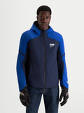 Alpinestars Aeroshell Wp, veste de moto softshell imperméable pour homme, bleu marine et bleu vif avec capuche, portée par un modèle
