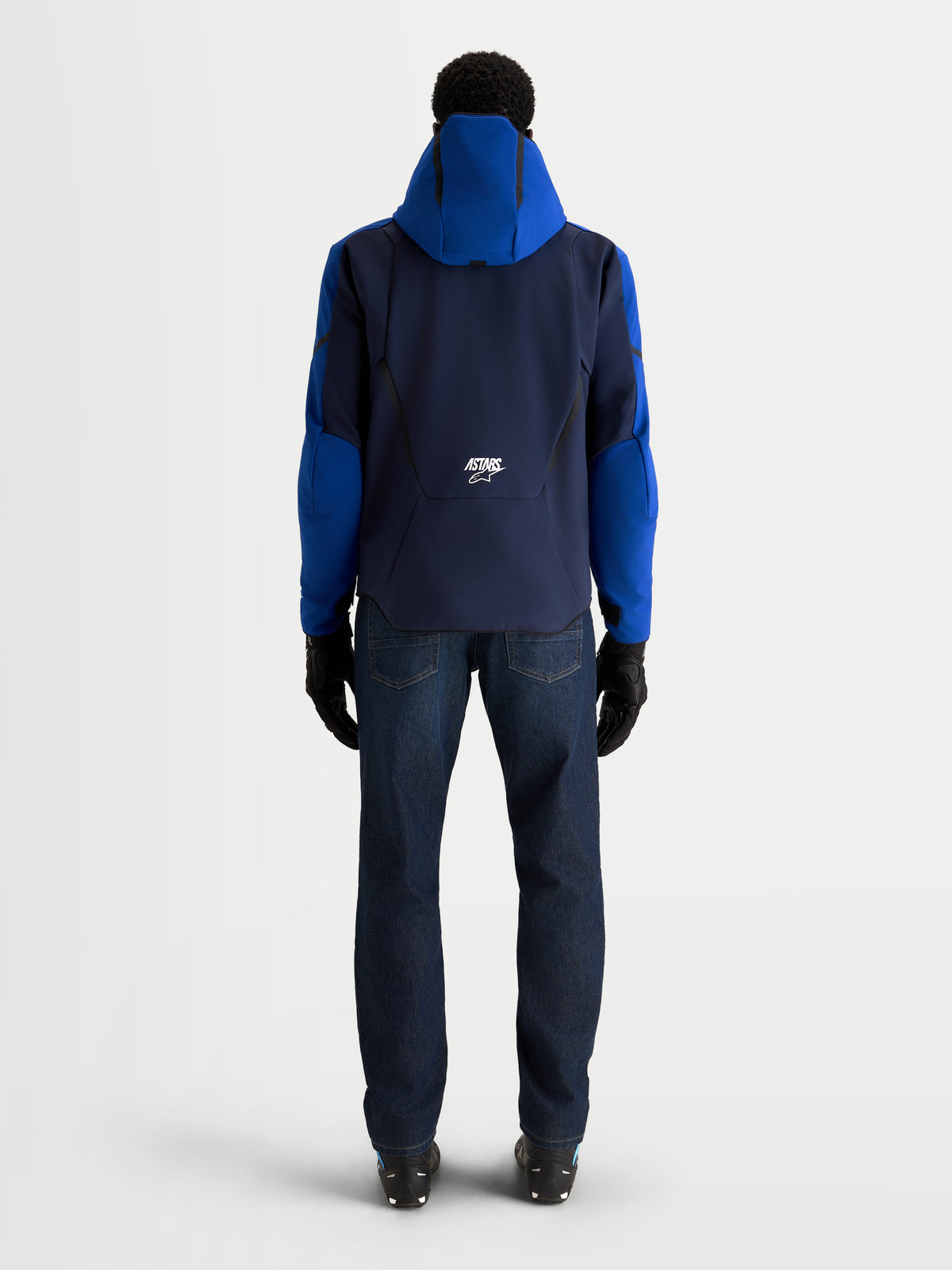 Alpinestars Aeroshell Wp Veste, blouson de moto sport pour homme bleu marine et bleu vif, vue de dos avec capuche