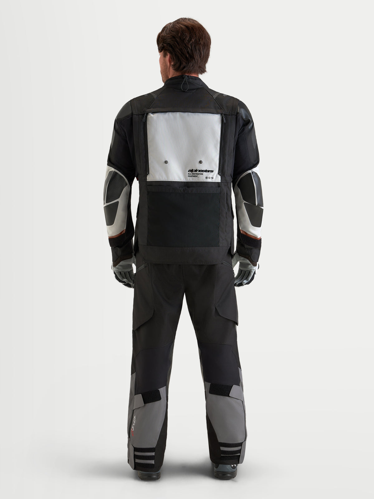 Alpinestars Veste Harok V2 Drystar, veste de moto adventure touring pour homme, gris foncé et gris clair, vue de dos montrant le panneau de ventilation modulaire