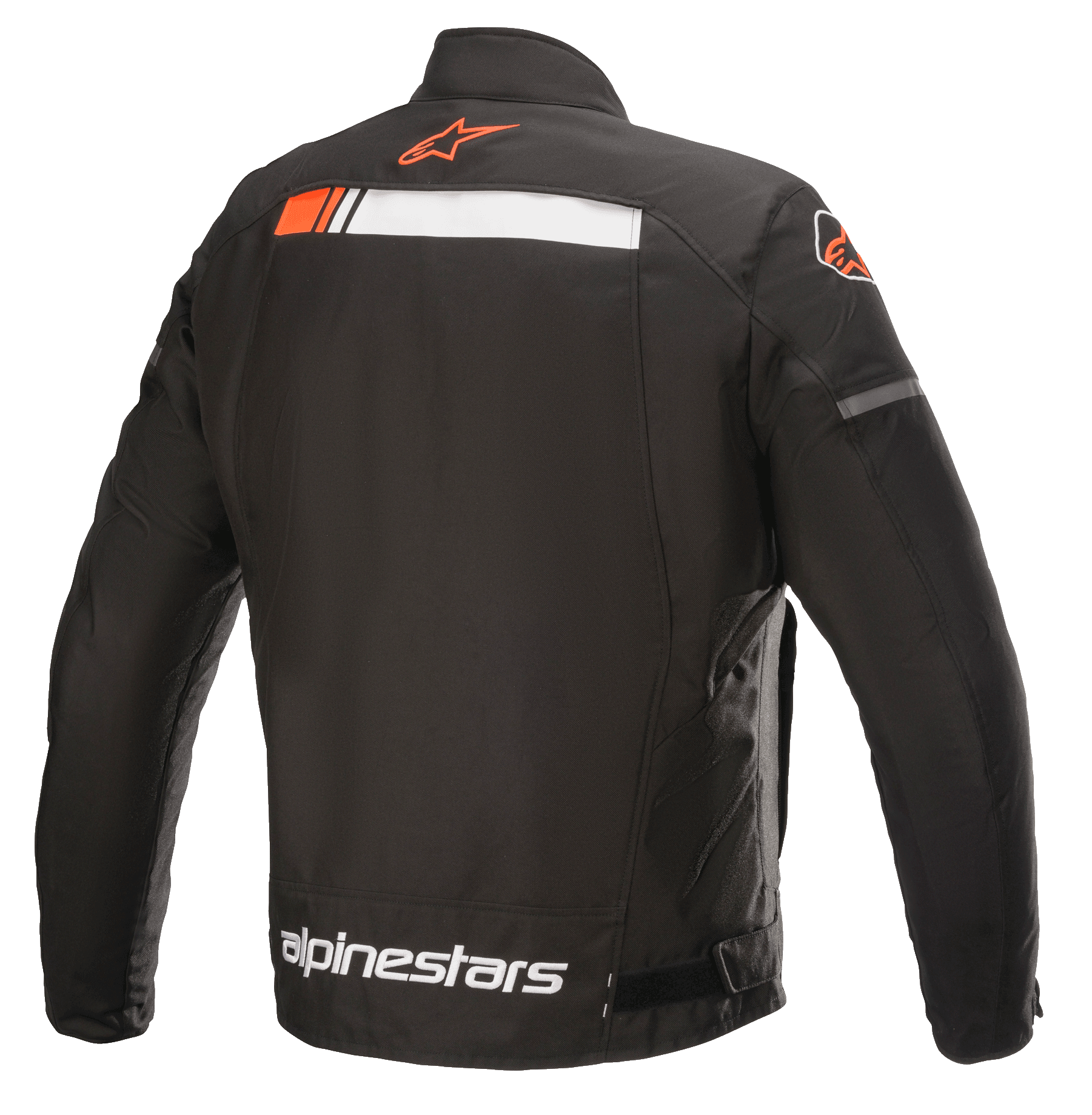 Alpinestars T-SP S Ignition Waterproof Jacket, Motorcycle Jacket, Black White and Red Fluo, back view featuring a white and fluorescent red horizontal stripe across the shoulders, Alpinestars logo on the collar and lower back, durable textile construction for urban riding.