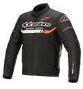 Alpinestars T-SP S Ignition Waterproof Jacket, Black textile motorcycle jacket with white and fluo red accents, featuring Alpinestars branding and 'Racing Ahead' text on the chest, SP-S logo on the sleeve, high collar and adjustable waist