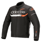 Alpinestars T-SP S Ignition Waterproof Jacket, Black textile motorcycle jacket with white and fluo red accents, featuring Alpinestars branding and 'Racing Ahead' text on the chest, SP-S logo on the sleeve, high collar and adjustable waist